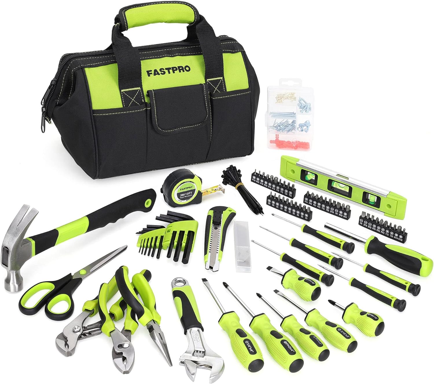 FASTPRO 220-Piece Home Tool Set, Household Repairing Tool Kit, with 12-Inch Wide Mouth Open Storage Tool Bag, Green