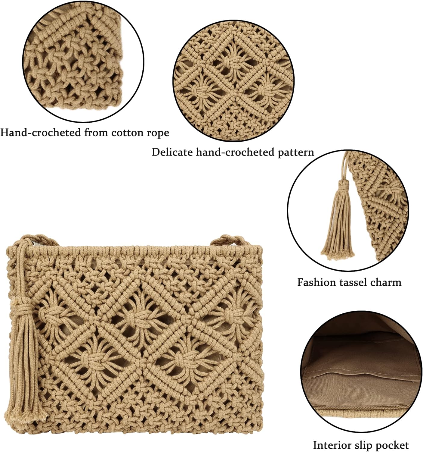 Women Crochet Shoulder Bag Handmade Woven Beach Crossbody Handbag Satchel Purse with Tassel for Summer