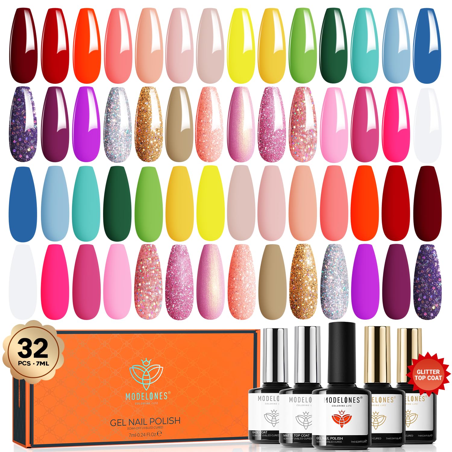 modelones 32 Pcs Gel Nail Polish Kit Summer Neon 28 Colors Gel Nail Polish Set 7ML Soak Off Glitter Gel Polish with Glitter & Glossy & Matte Gel Top + Base Coat Home DIY Nail Manicure Gift for Women