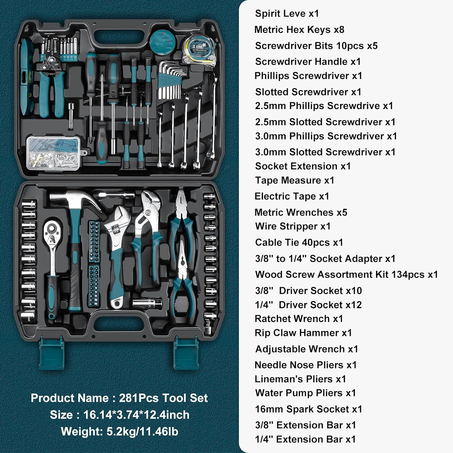 Sundpey Home Tool Kit 281-PCs - Protable Complete Basic Repair General Hand Tool Sets for Men Women - Full Tool Set with Socket Wrench Set & Screwdriver Set & Metric Hex Key & Pliers & Tool Box Case