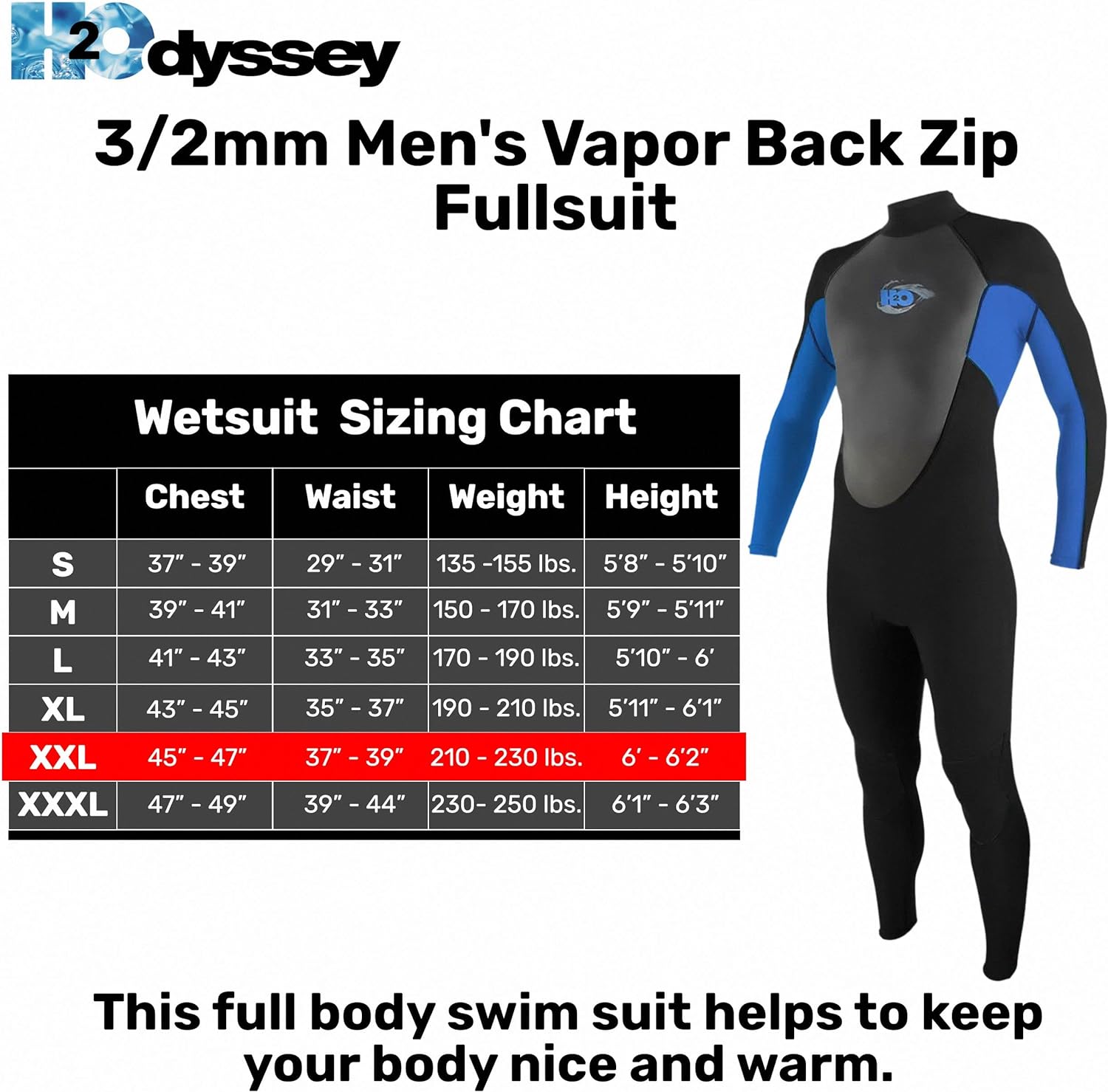 3/2mm Men's Vapor Back Zip Wetsuit for Men - Mens Long Sleeve Swimsuit for Surf Board and Deep Sea Diving