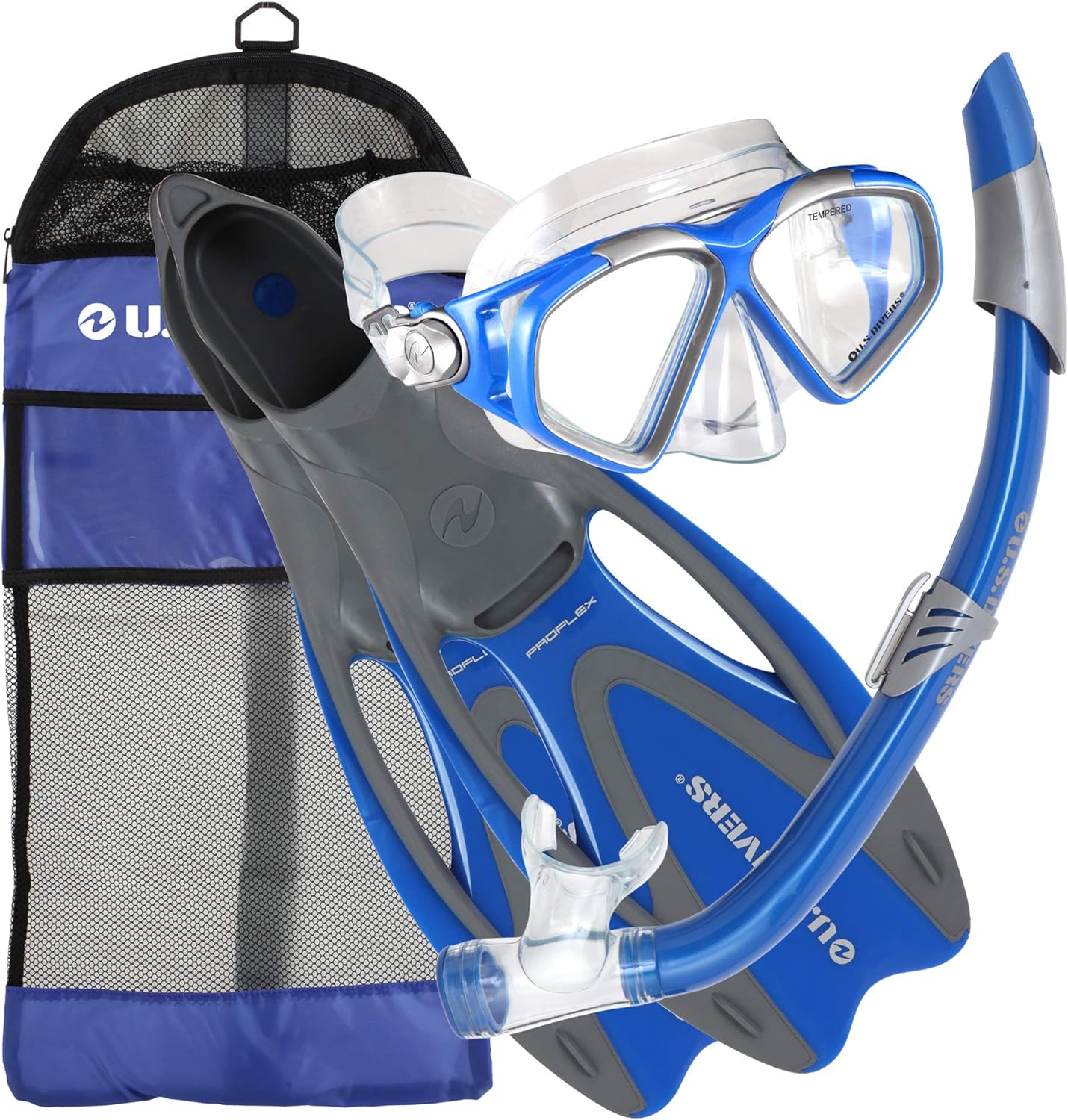 U.S. Divers Cozumel Seabreeze Adult Snorkeling Combo Set with Adjustable Mask, Snorkel, Large Fins (9.5 - 11.5), and Travel Bag, Electric Blue