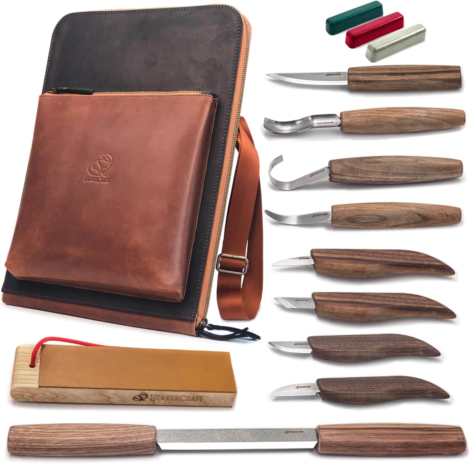 BeaverCraft Deluxe Wood Carving Kit S50X - Wood Carving Tools Wood Carving Set - Spoon Wood Carving Knives Tools Set - Whittling Kit Knife Woodworking Kit for Beginner and Profi (Brown)