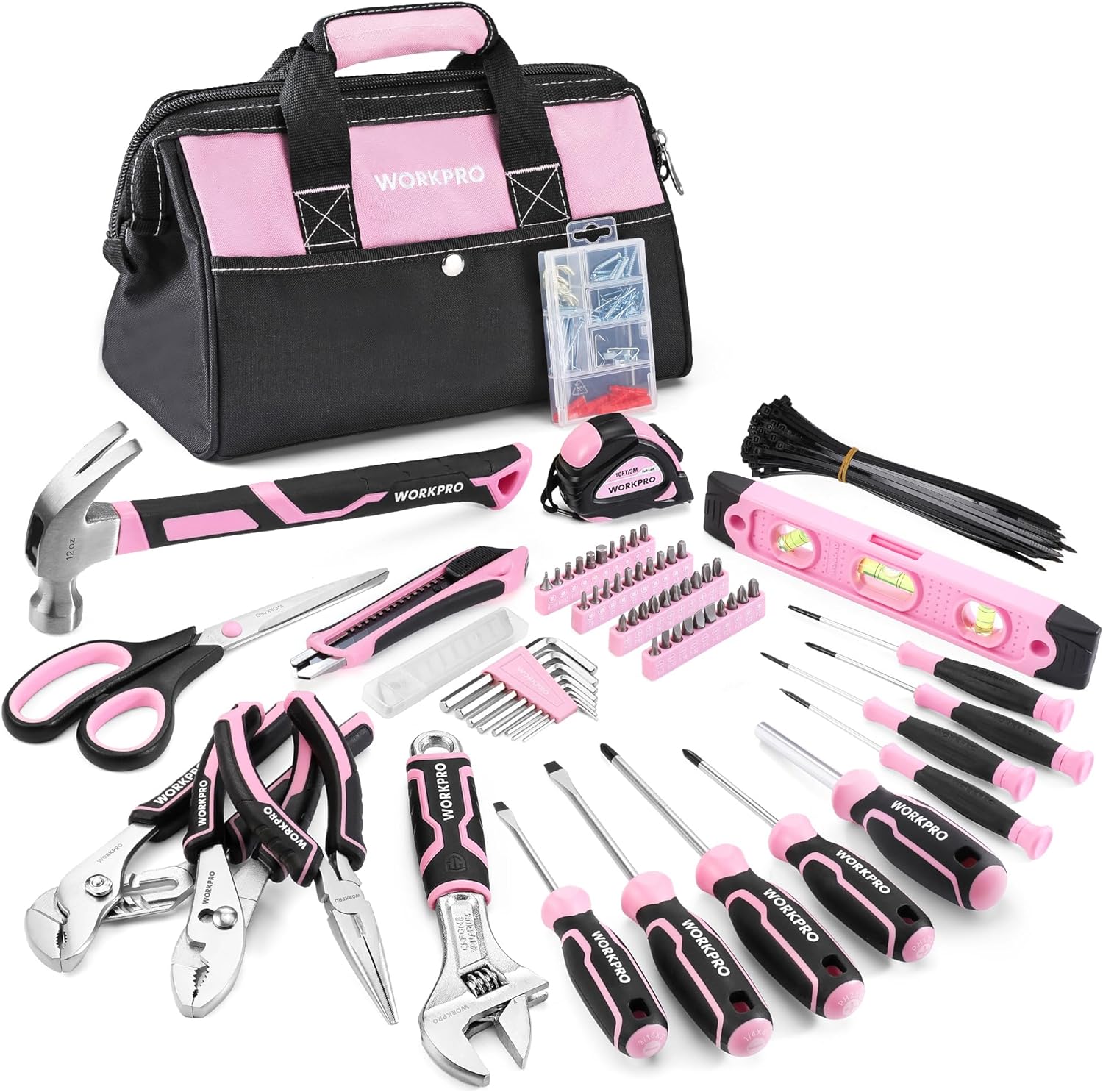 WORKPRO Pink Tool Set, 277 PCS Apartment Essentials Hand Tool Bag Set with 13-Inch Wide Mouth Open Storage Bag, Portable Home Tool Kit Including Hammer, Screwdriver, and Household Tools - Pink Ribbon