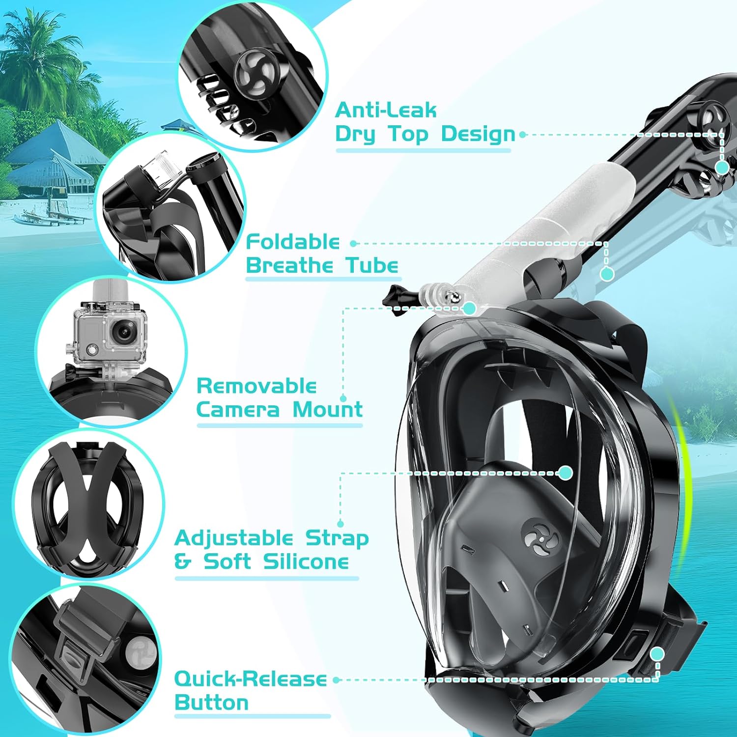 Full Face Snorkel Mask, Snorkeling Gear for Adults Men and Women, 180 Degrees Panoramic View Snorkel Set Anti-Fog Anti-Leak, Dry Top System and Travel Bag for Swimming, Snorkeling, ML/XL