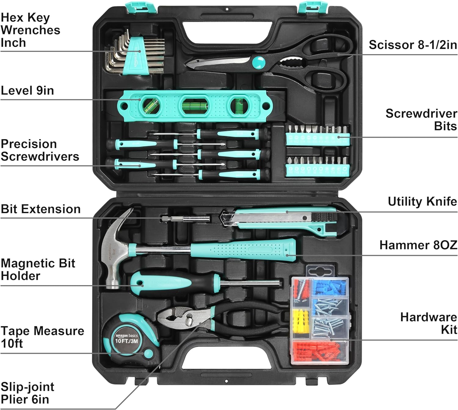 Amazon Basics Household Tool Kit With Storage Case, 142 Piece, Turquoise, 13.39 x 9.25 x 2.95 inch