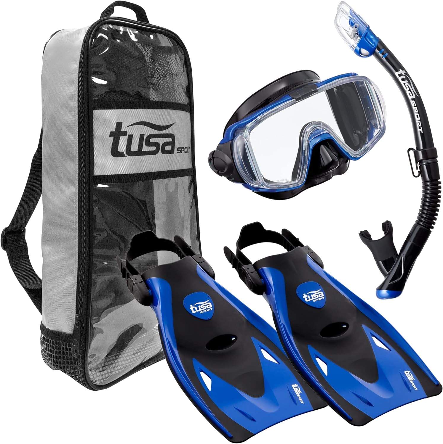 TUSA Sport Adult Black Series Visio Tri-Ex Mask, Dry Snorkel, and Fins Travel Set,