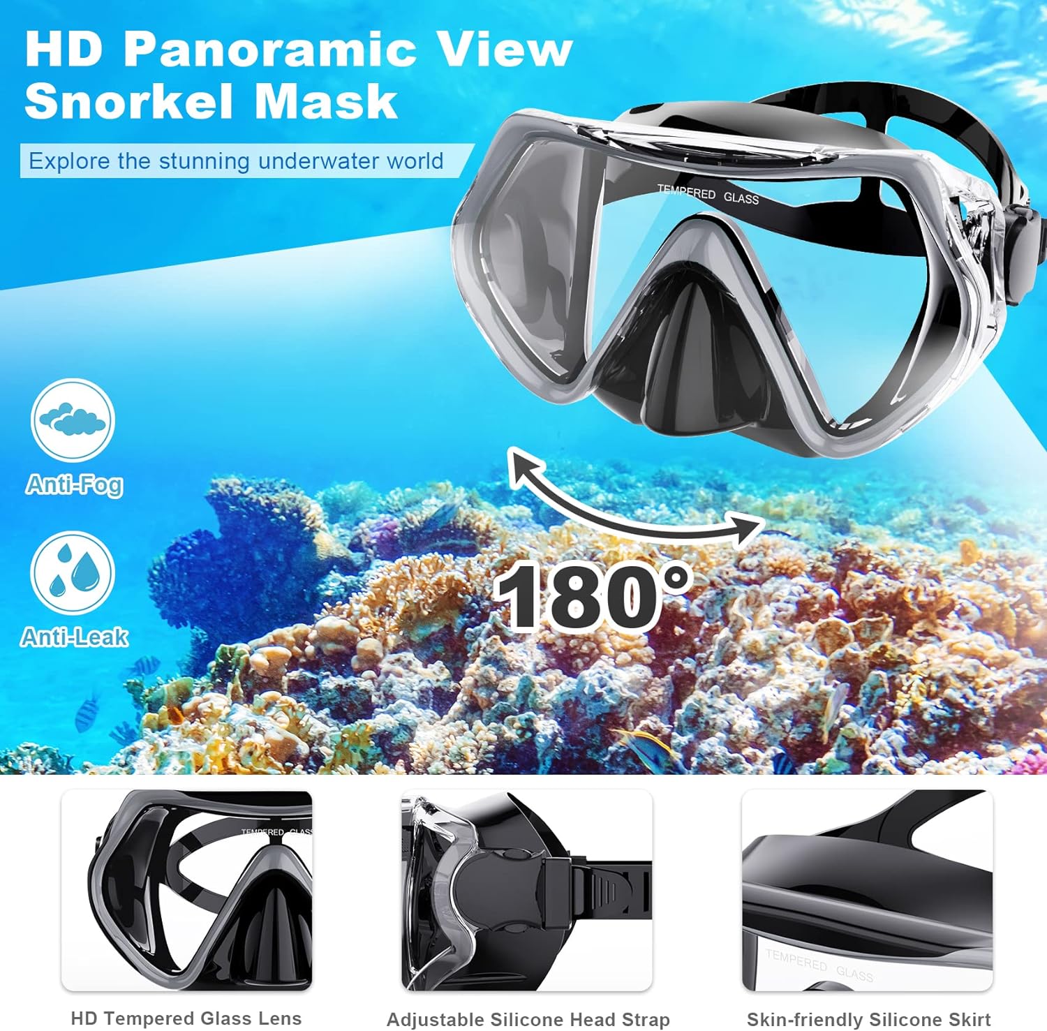 Mask Fin Snorkel Set, Snorkeling Gear for Adults with Panoramic View Mask, Dry Top Snorkel, Adjustable Swim Fins and Travel Bag, Man Woman Snorkel Gear for Swimming Snorkeling Diving