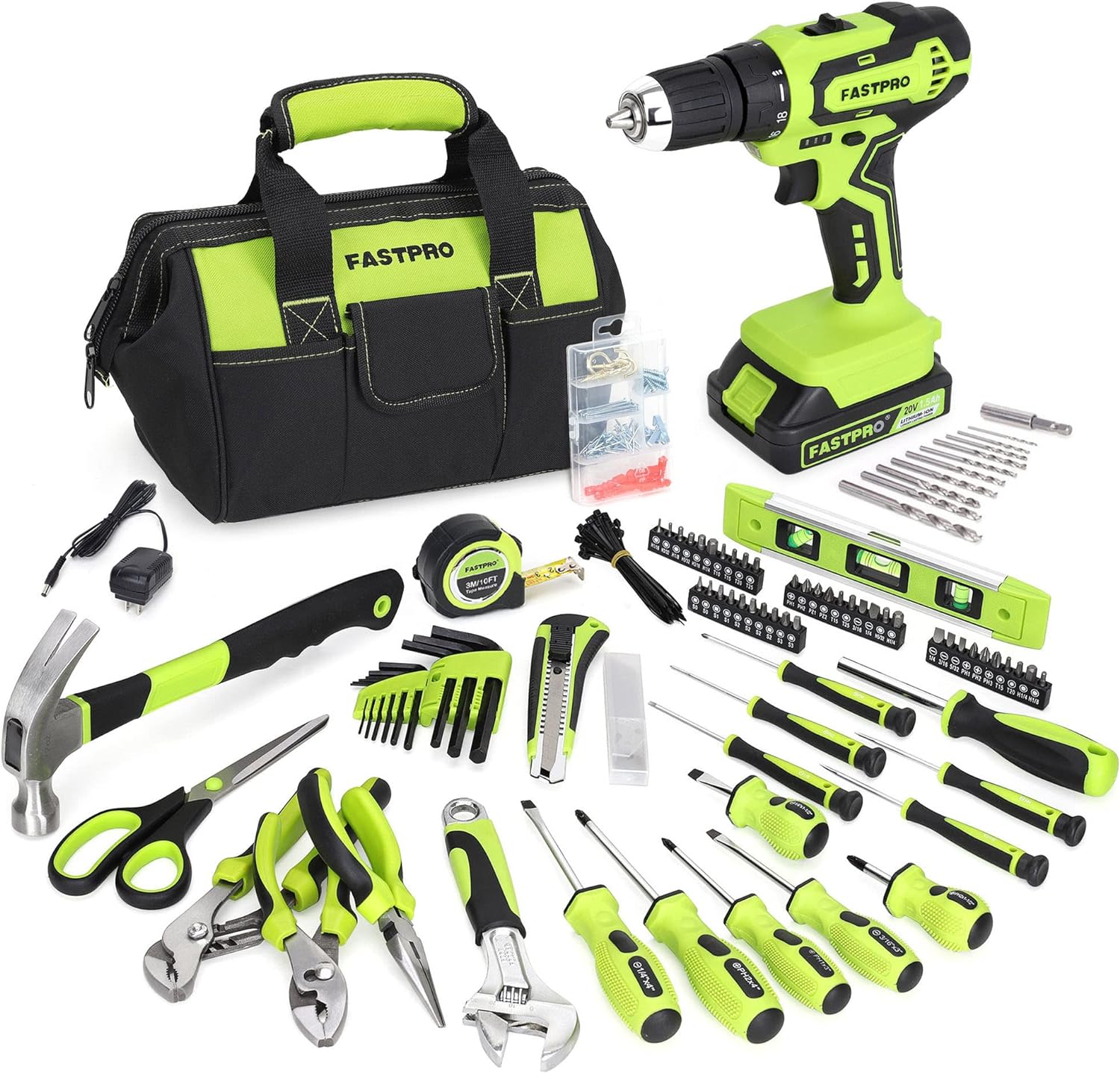 FASTPRO 232-Piece 20V Cordless Lithium-ion Drill Driver and Home Tool Set, Household Repairing Tool Kit with Drill, 12-Inch Wide Mouth Open Storage Tool Bag, Green