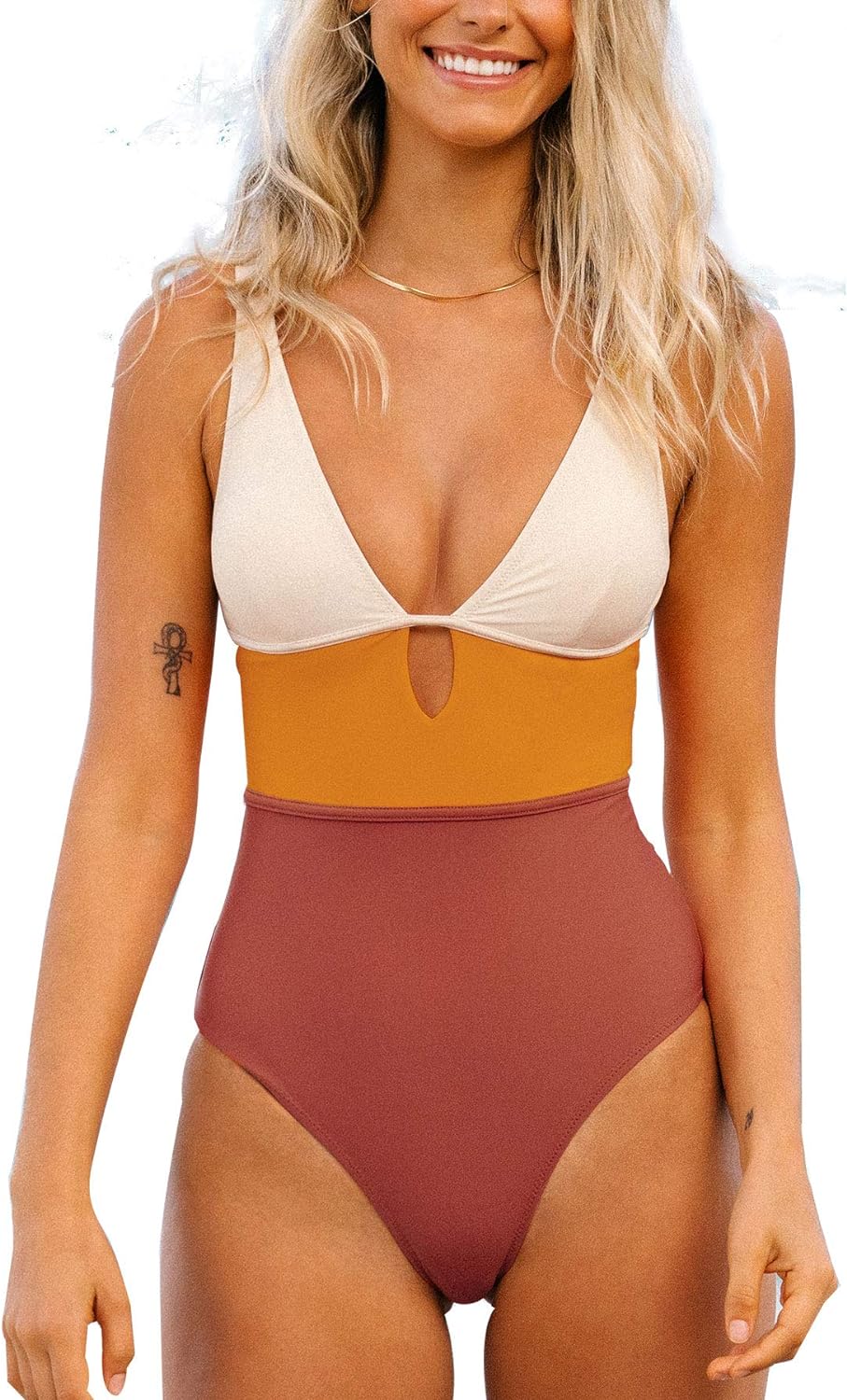 CUPSHE Women's One Piece Swimsuit Color Block Keyhole Cutout Bathing Suit