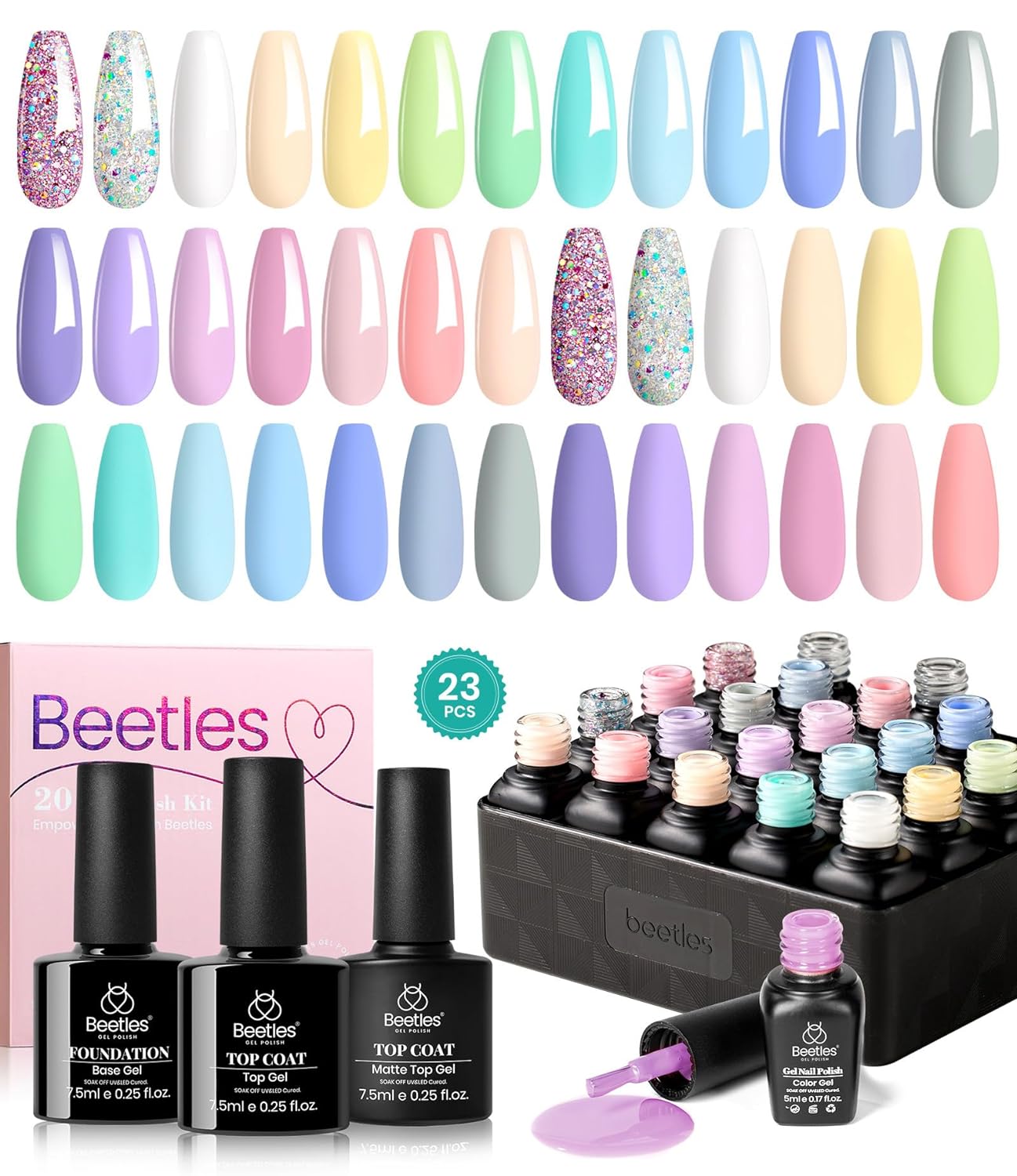 Beetles 23Pcs Gel Nail Polish Kit, Spring Summer Pastel Paradise Macaron Colors Bright Pink Popular Nail Art Solid Sparkle Glitters Gel Polish Set with Base Gel Glossy & Matte Top Coat Gifts for Women