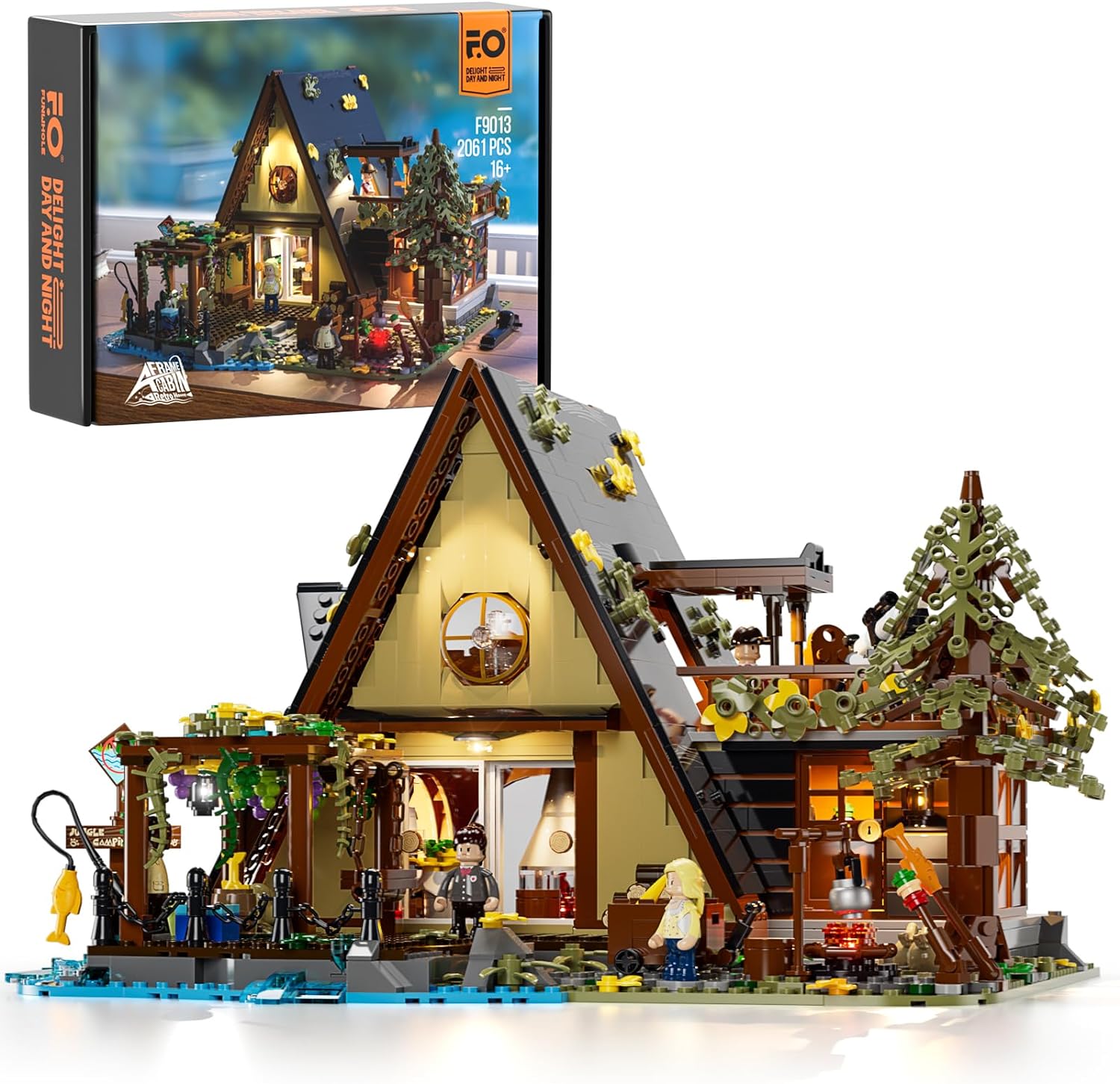 FUNWHOLE A-Frame Cabin Lighting Building Bricks Set - 2061 PCS Adult Construction Building Model Set for Adults and Teen