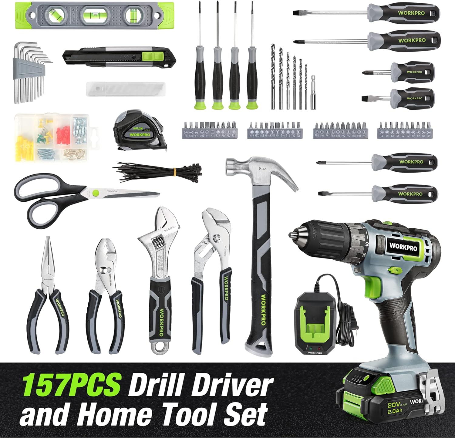 WORKPRO Home Tool Set with Power Drill, 157PCS Power Drill Sets with 20V Cordless Lithium-ion Drill Driver, Home Tool Kit for All Purpose, Cordless Drill Set Combo Kit With Tool Bag