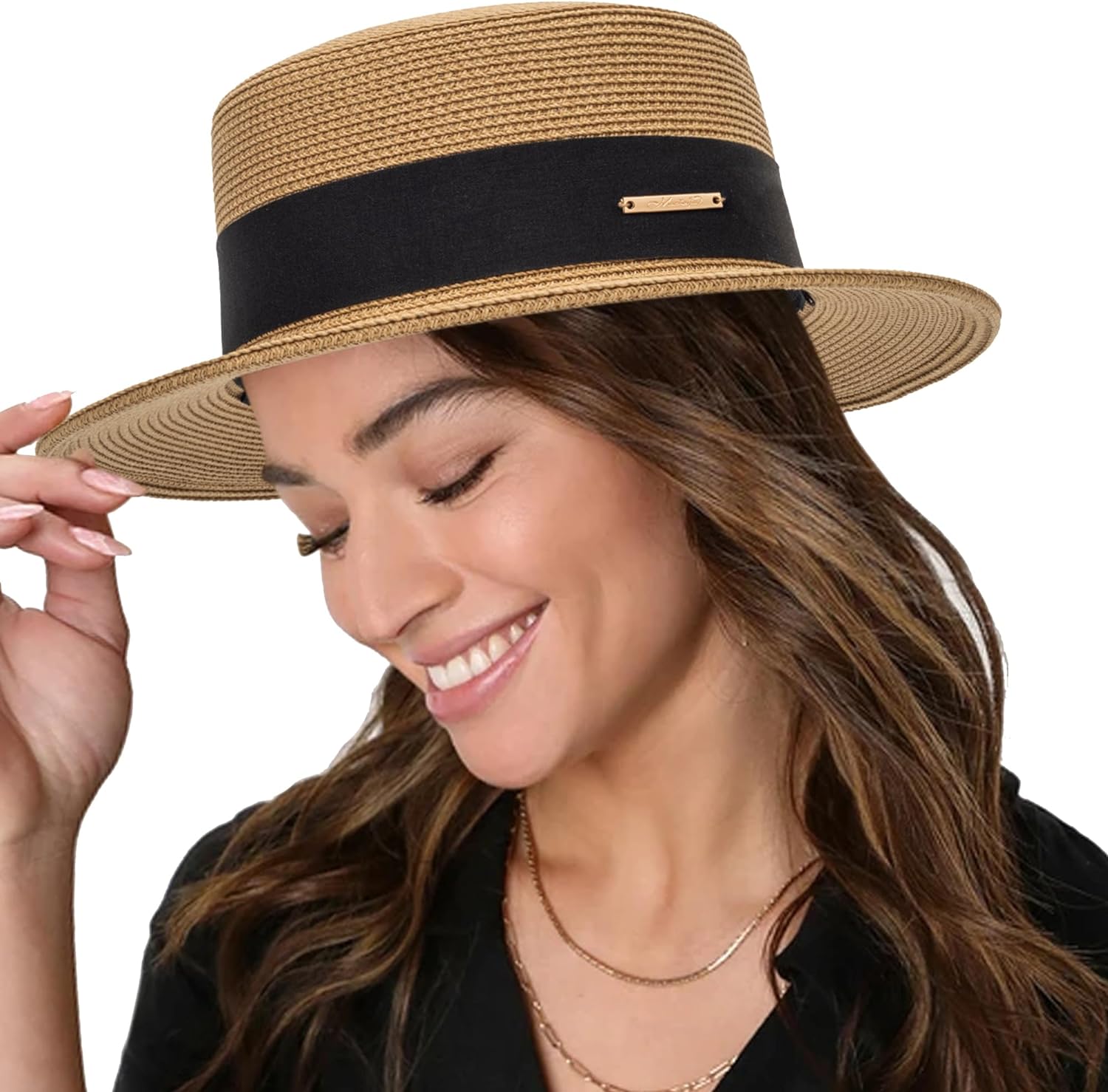 Summer Beach Boater Sun Hat for Women Flat Straw Fedora Hat