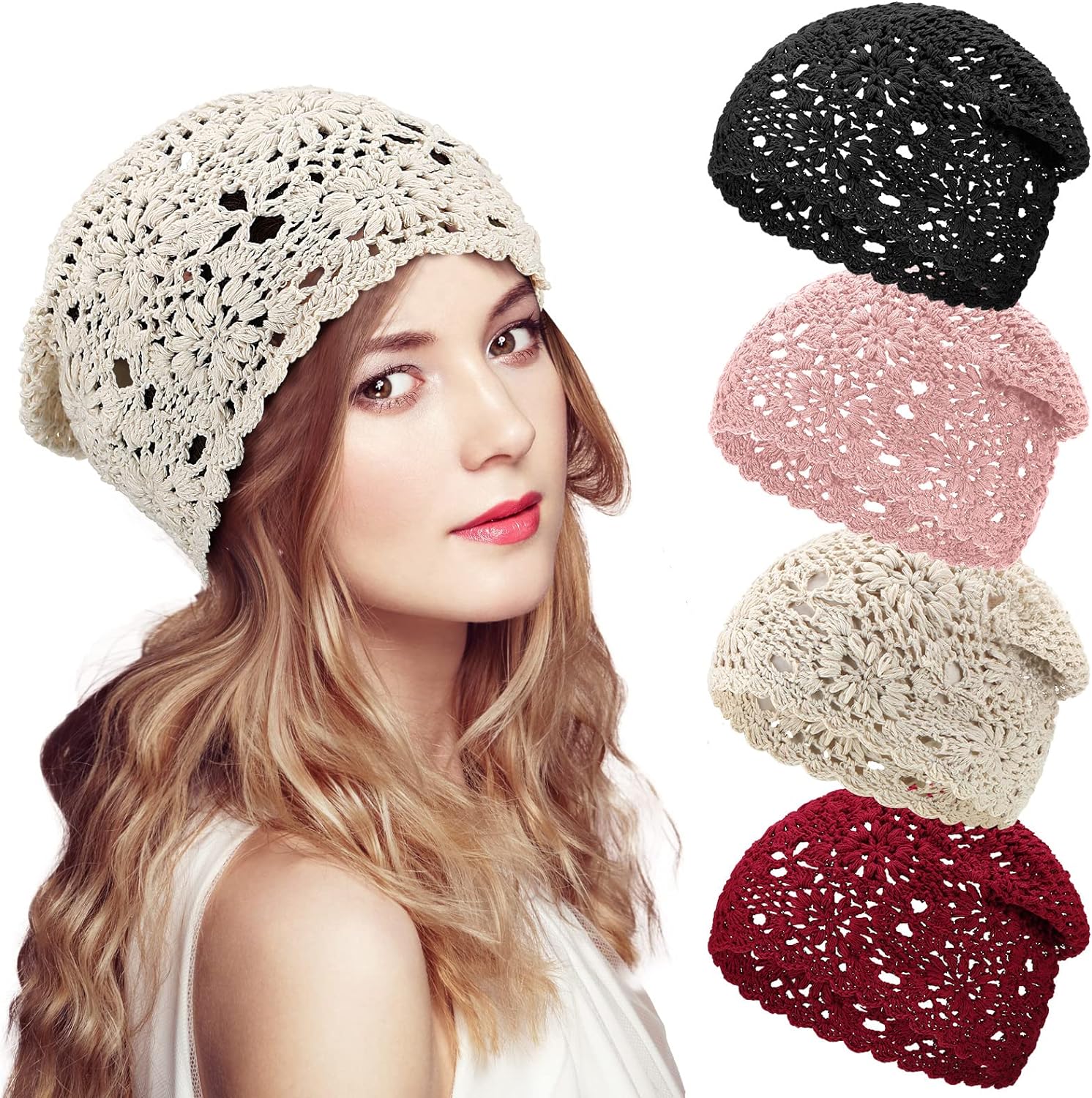 4 Pcs Crochet Slouchy Beanie Hat Fall Handmade Knit Floral Skull Cap Cotton Cutout Summer Hats for Women Lightweight Knitted