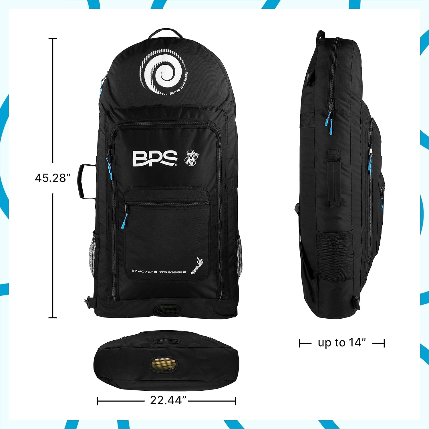 BPS New Zealand Beach Bodyboard Bag for 2-3 Boards Travel Backpack Boogie Board Case Top and Side Carry Handles, Made from Recycled Plastics