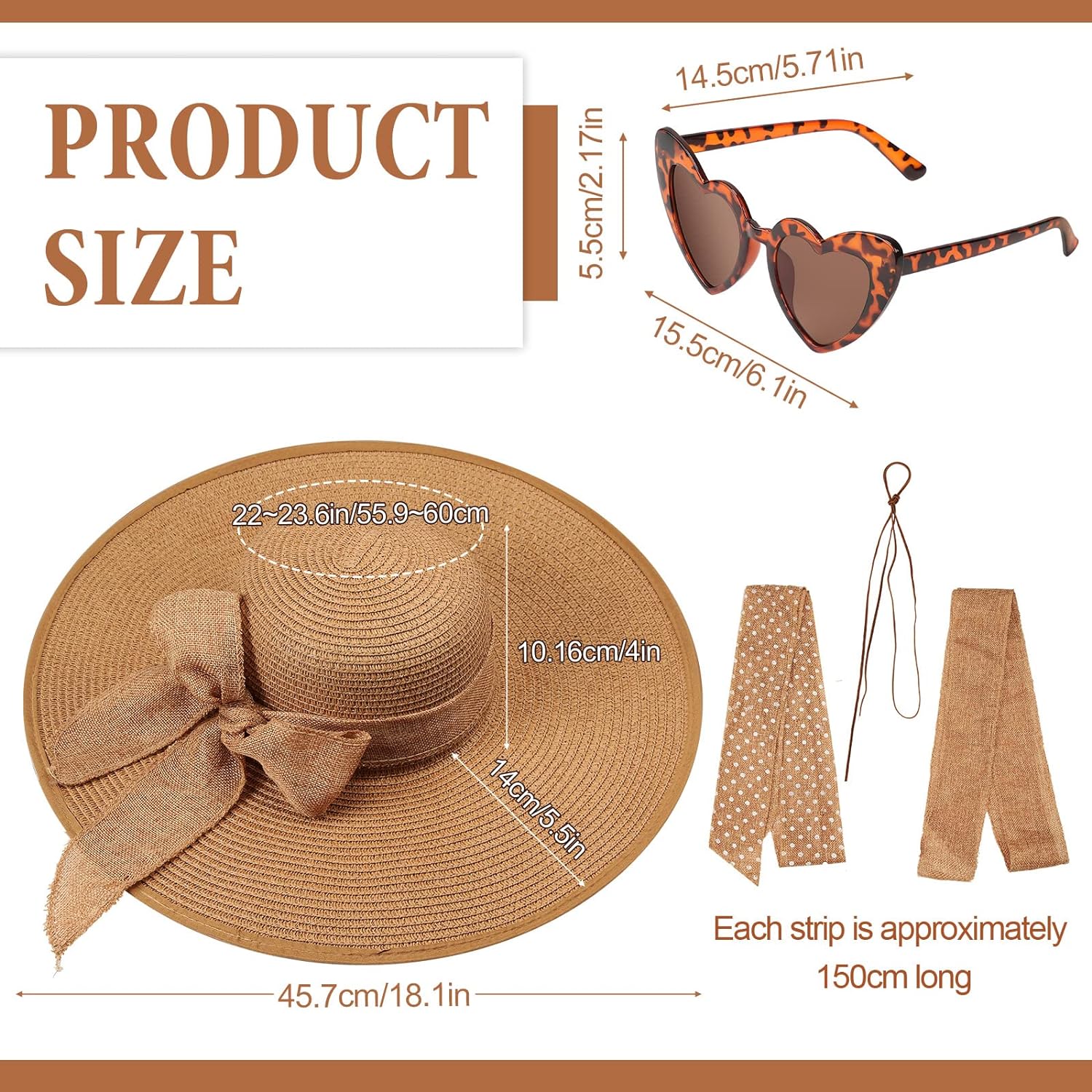 15 Pcs Beach Hat for Women Summer Wide Brim Sun Hat Straw Floppy UV Protection 50+ Hats Vintage Heart Glasses Set with Bows