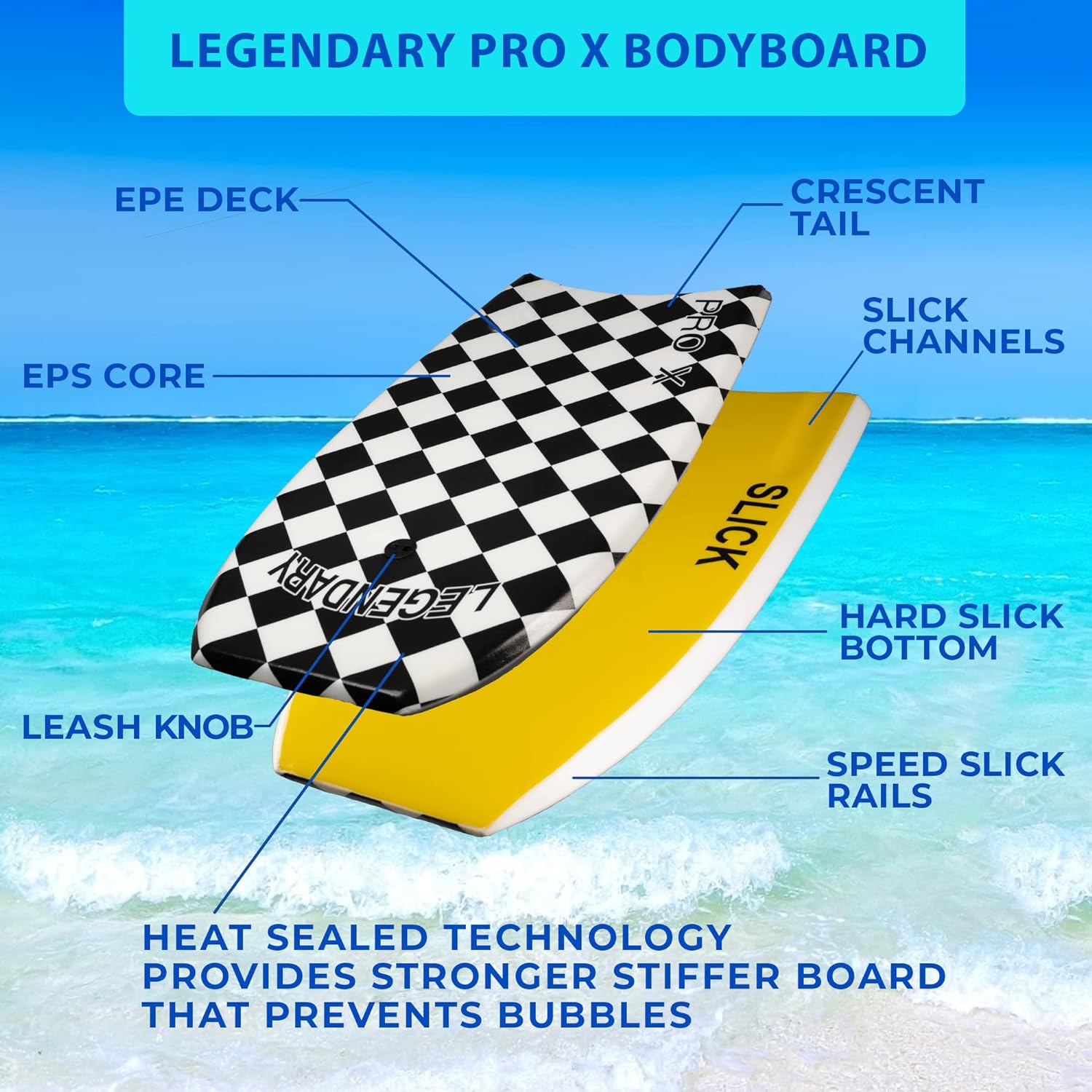 Legendary Pro X Bodyboard for Beach with Hard Slick Bottom, Boogie Boards for Kids & Adults, Heat Sealed with EPS Core, Leash