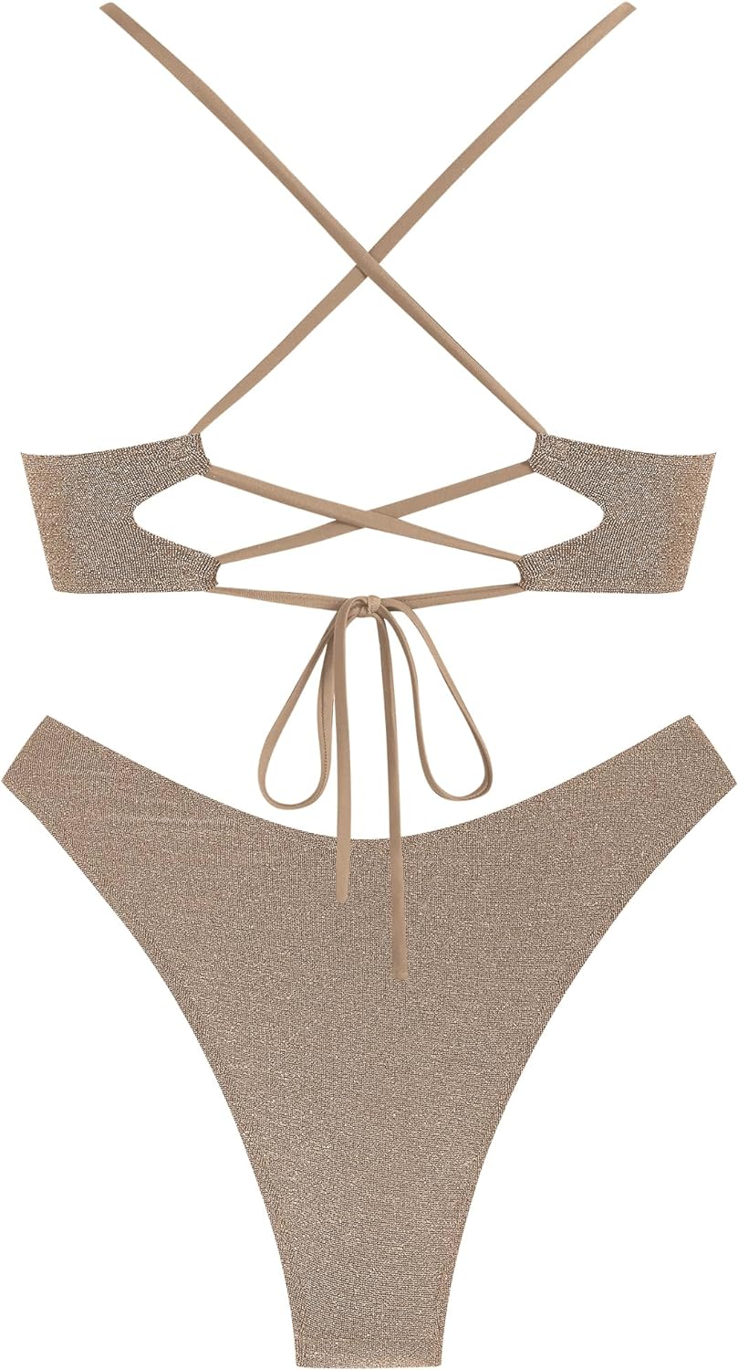 ZAFUL Women's Two Piece Swimsuit Textured U-Wired Metal Criss Cross String Bikini High Leg Bathing Suits