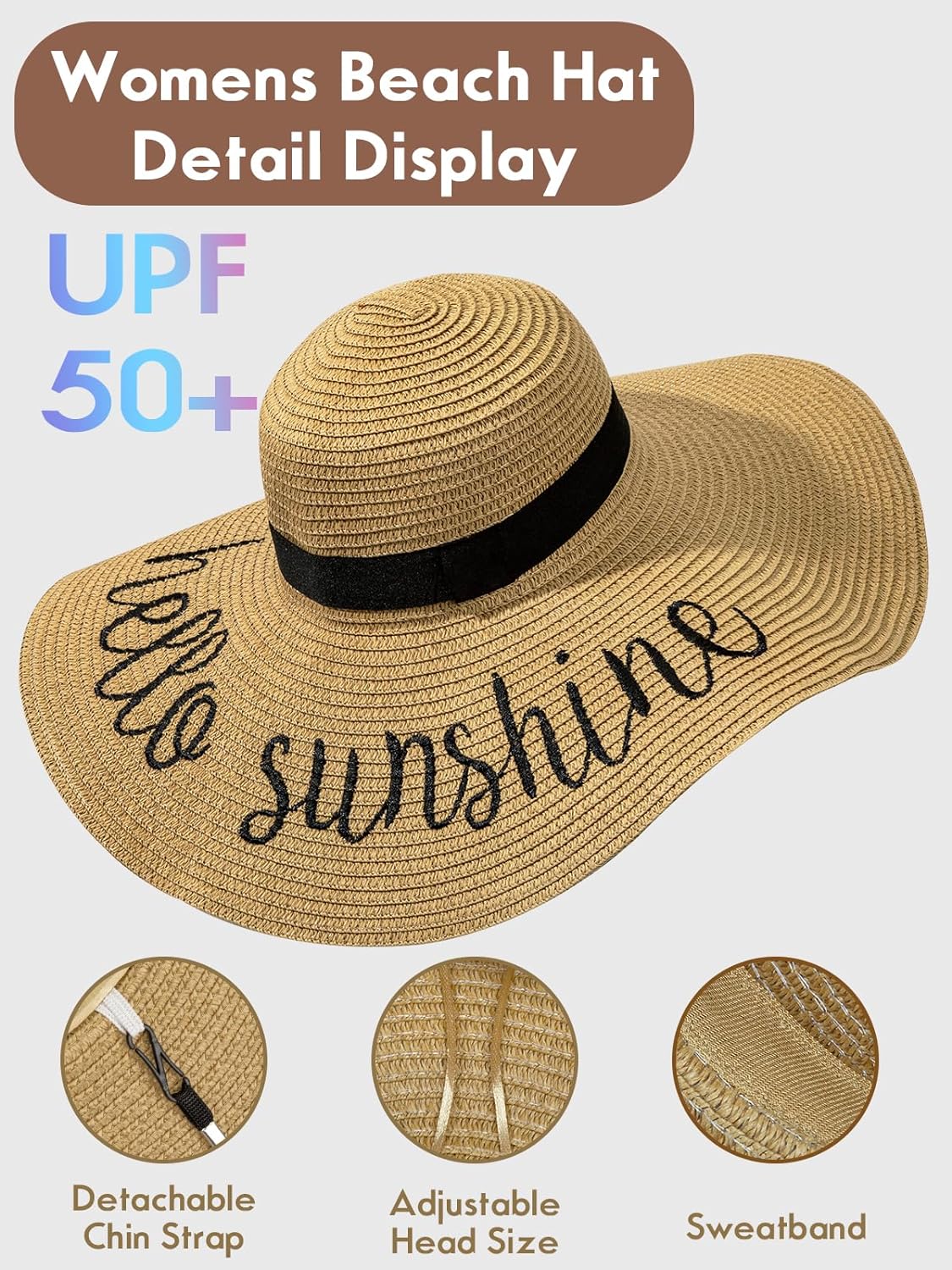 Beach Hats for Women - Foldable Straw Hat Embroidered Wide Brim Floppy Sun Hat UPF 50+, Honeymoon, Travel, Cruise