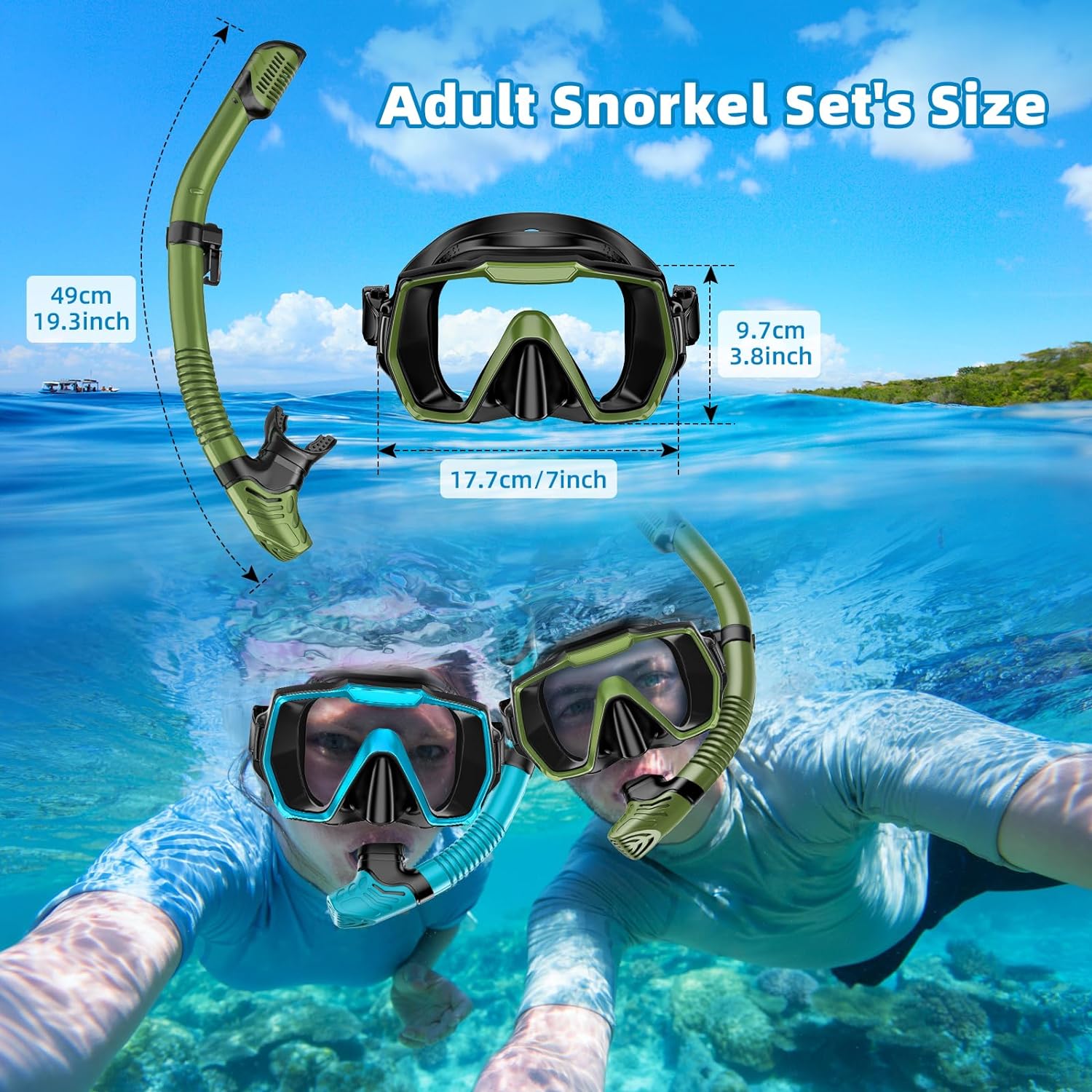 Snorkel Set Adults Snorkeling Gear Anti-Leak and Anti-Fog Tempered Glass Lens Panoramic View Swim Mask Dry Top Snorkel Kit for Snorkeling Scuba Diving Swimming Travel with Carry Bag