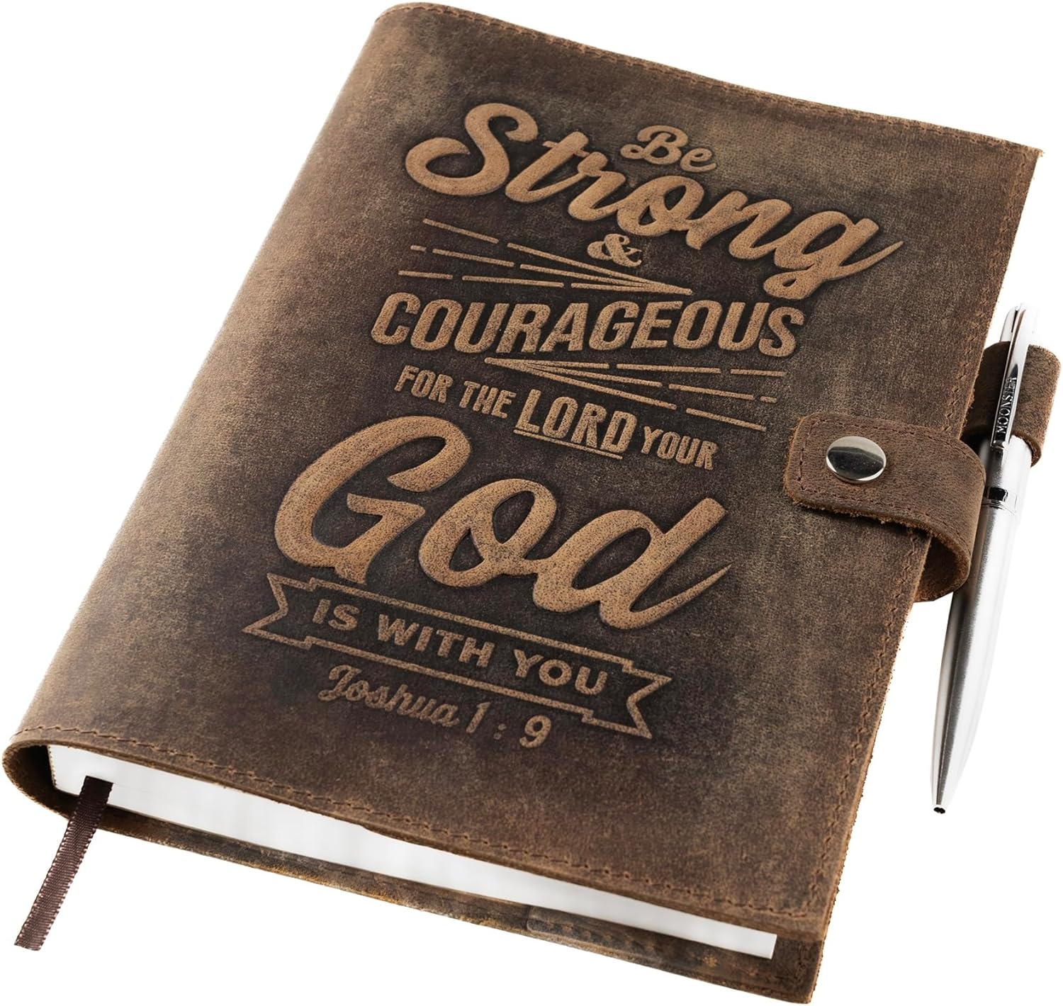 moonster Refillable Leather Journal Lined Notebook – Journals for Men w/Joshua 1v9 Embossed Bible Verse – Leather Notebook with Pen Holder - Includes 320 Pages Milled A5 Ruled Paper & Luxury Pen