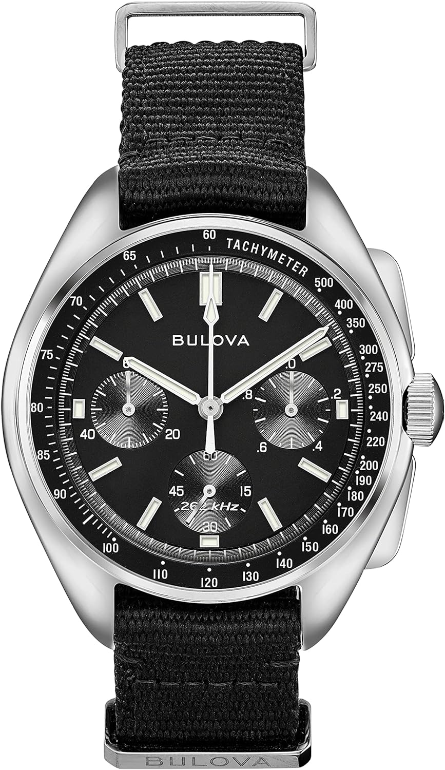 Bulova Men's Archive Series Lunar Pilot 6-Hand Chronograph High Performance Quartz Stainless Steel, Black NATO Strap and Sapphire Crystal Style: 96A225