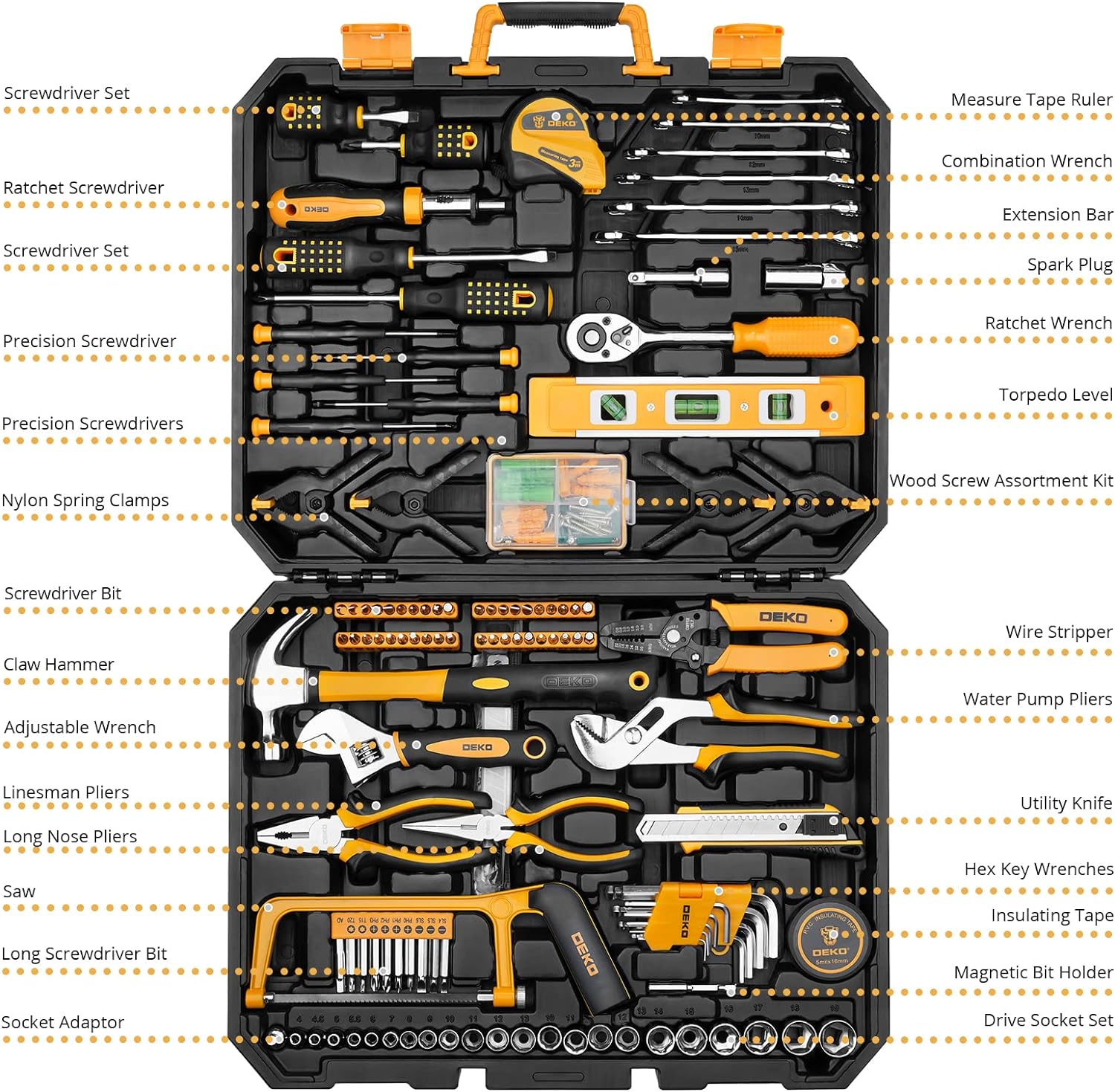 DEKOPRO 228 Piece Socket Wrench Auto Repair Tool Combination Package Mixed Tool Set Hand Tool Kit with Plastic Toolbox Storage Case