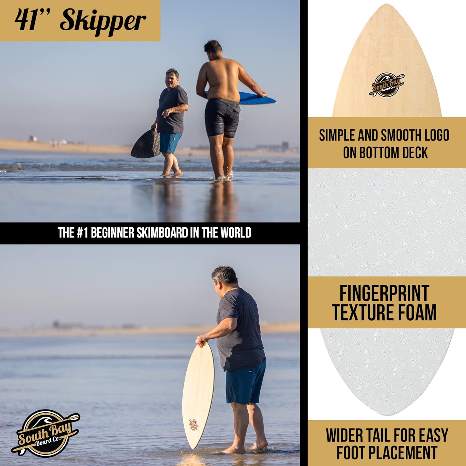 South Bay Board Co. - 41" / 36” Skipper Skimboard - Beginners Skim Board for Kids - Durable, Lightweight Wood Body with Wax-Free Textured Foam Top Deck - Performance Tear Drop Shape