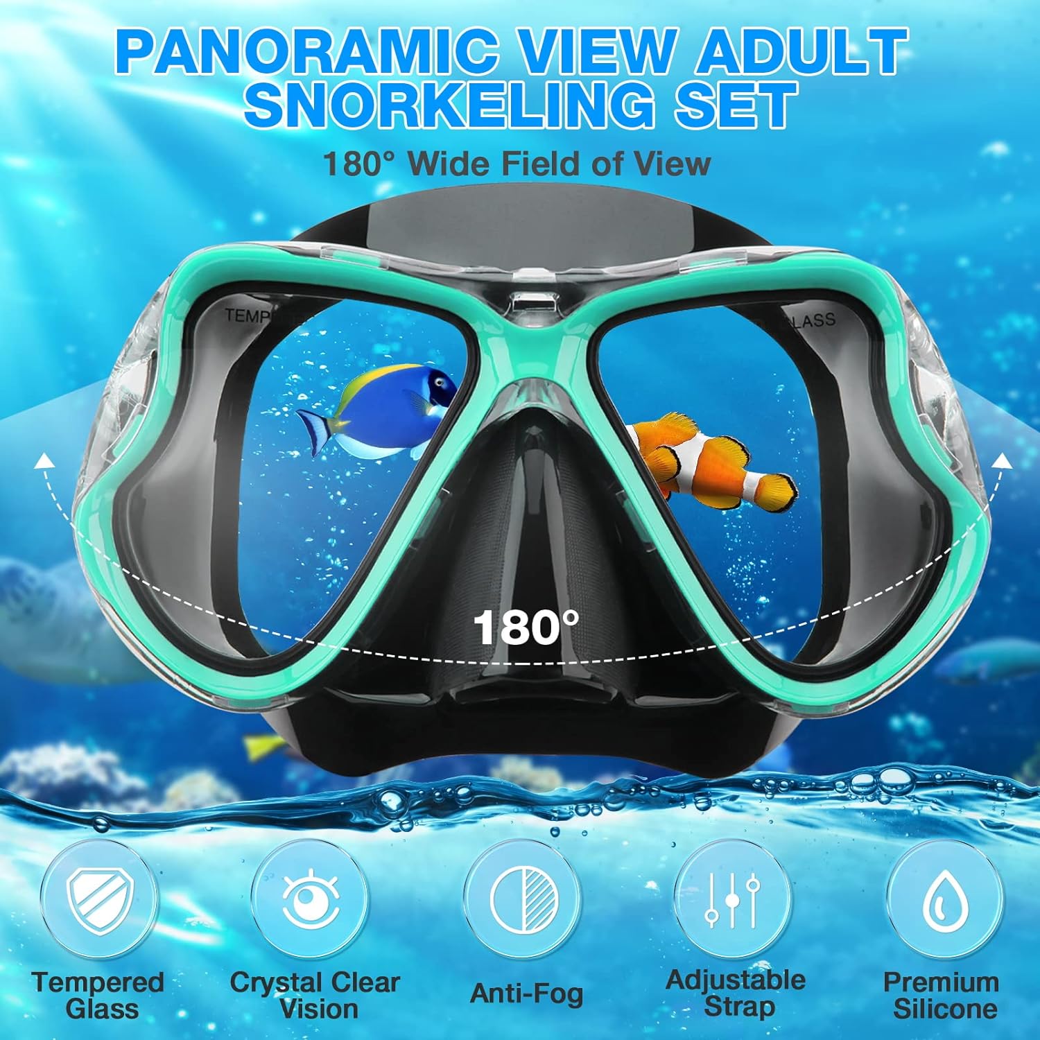 Mask Fins Snorkel Set, Snorkeling Gear with Short Fins for Adults with Panoramic View Mask, Dry Top Snorkel, Adjustable Swim Fins and Travel Bag, Adults Snorkel Gear for Swimming Snorkeling