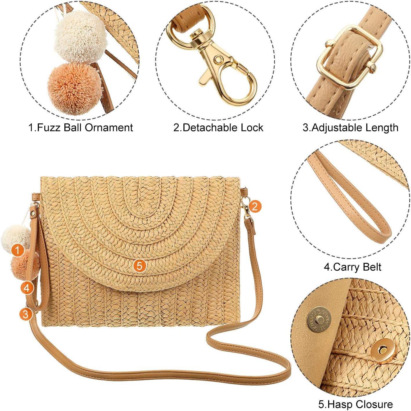 Frienda Straw Shoulder Bag Clutch Straw Crossbody Bag Beach Straw Handmade Bag Woven Rattan Bag for Women Envelope Wallet