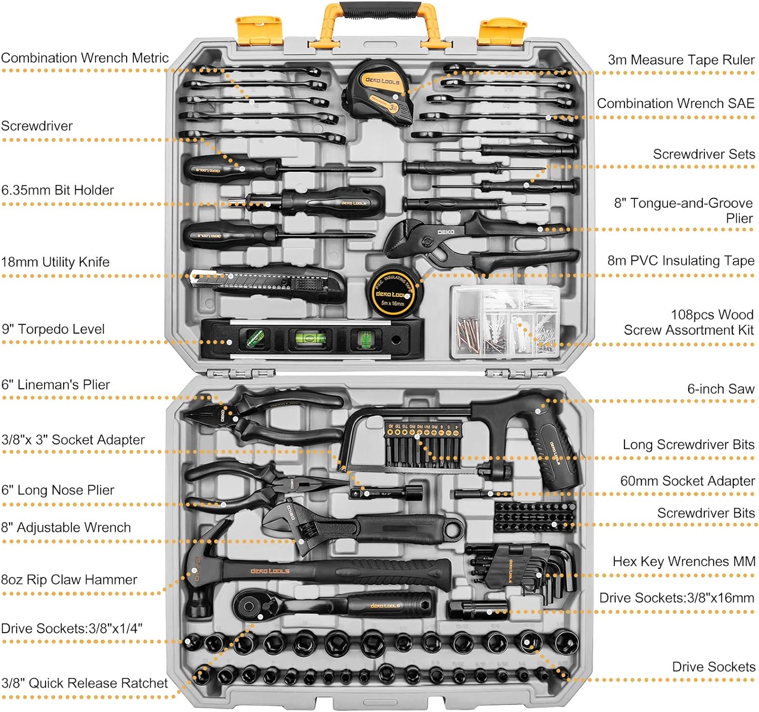 DEKOPRO 218-Piece General Household Hand Tool kit, Professional Auto Repair Tool Set for Homeowner, General Household Hand Tool Set with Plier, Screwdriver Set, Socket Set, with Portable Storage Case