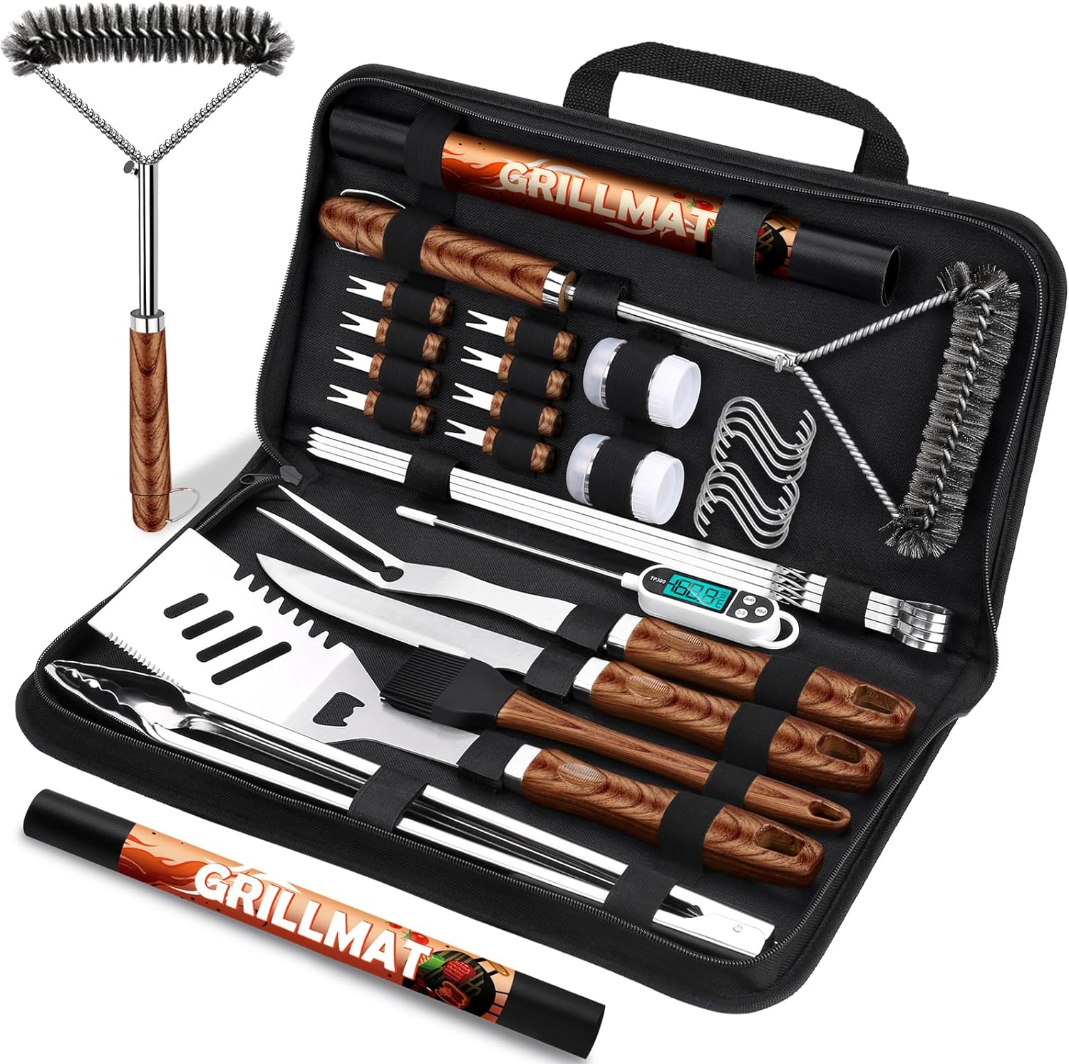 31pcs Stainless Steel BBQ Grill Accessories Set for Men Dad, Heavy Duty Grilling Tools for Outdoor Camping, BBQ Utensils Kit with Mats, Grill Brush in Carrying Bag Brown