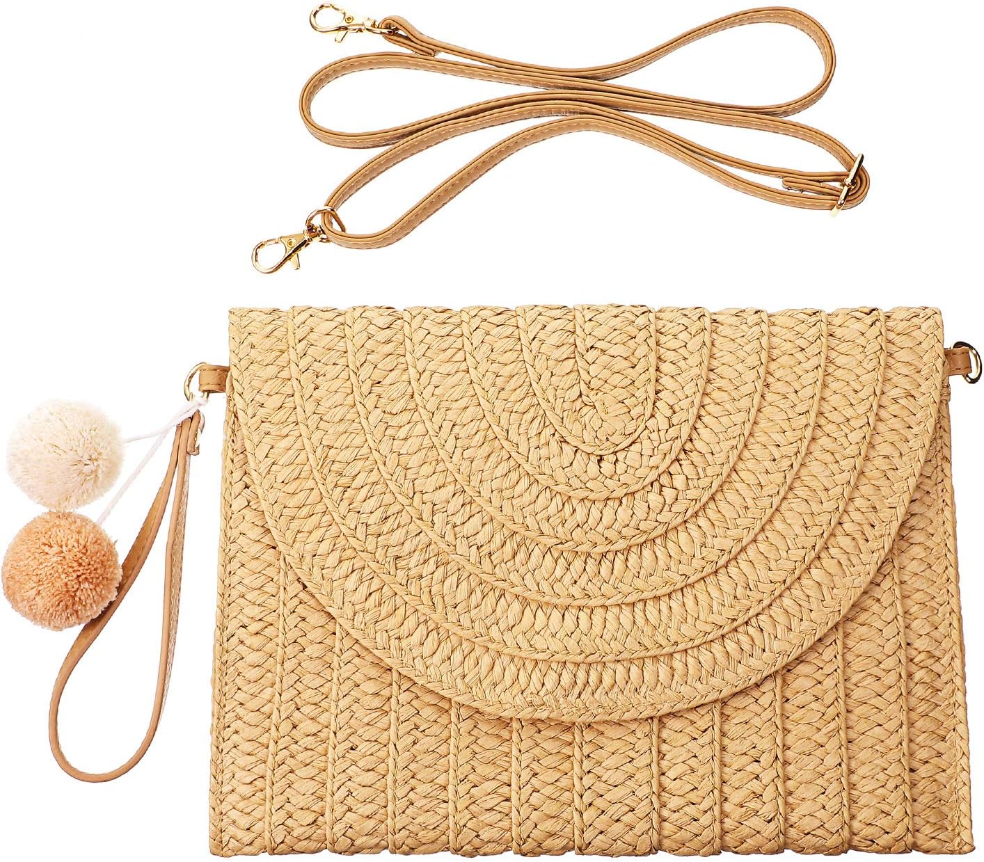 Frienda Straw Shoulder Bag Clutch Straw Crossbody Bag Beach Straw Handmade Bag Woven Rattan Bag for Women Envelope Wallet