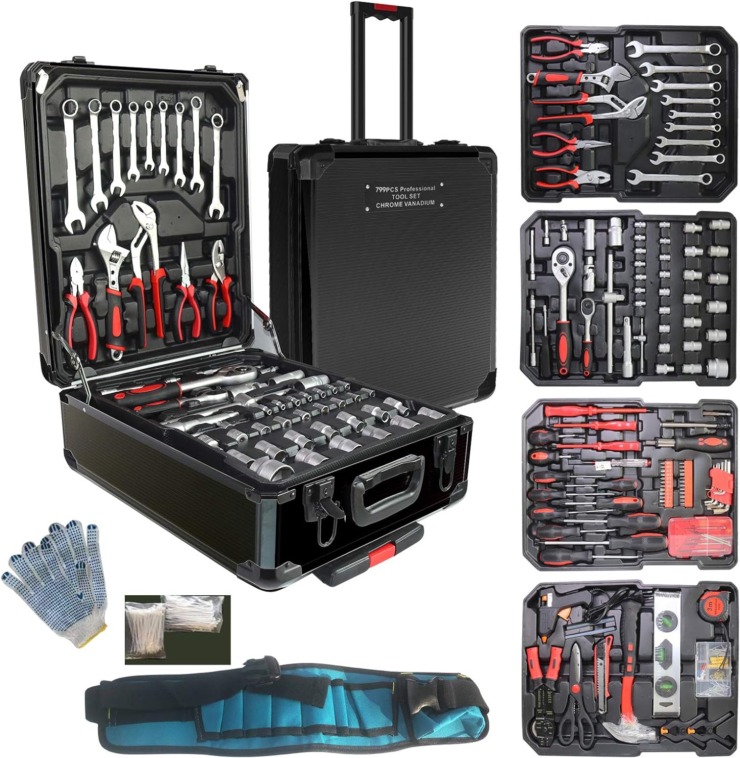 Arcwares 799pcs Aluminum Trolley Case Tool Set Silver, House Repair Kit Set, Household Hand Tool Set, with Tool Belt,Gift on Father's Day (Black)