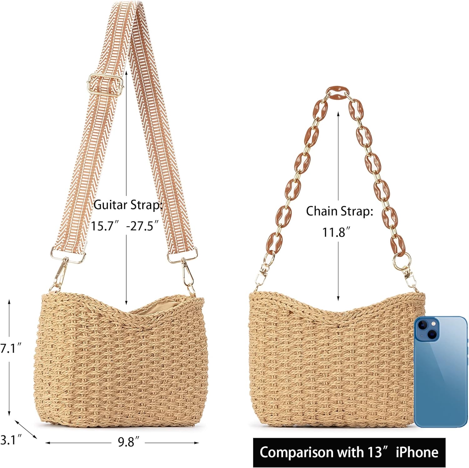 Herald Small Handmade Straw Pocketbook Crossbody Bag for Women, Summer Chic Woven Handbag Shoulder Purse with Chain