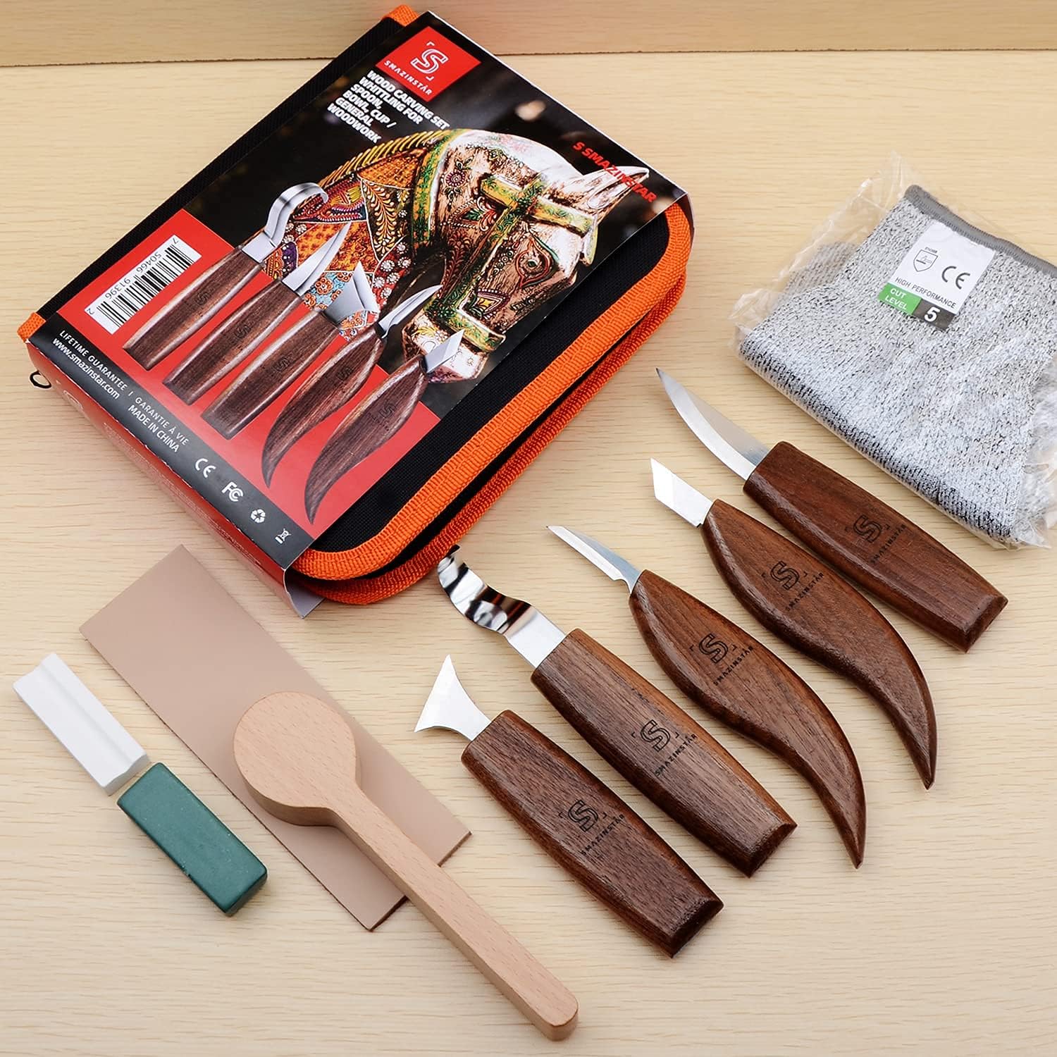 Whittling knife, Wood Carving Tools 5 in 1 Knife Set - Includes Sloyd Knife, Chip Carving knife, Hook Knife, Oblique Knife, Trimming knife Sharpener for Spoon Bowl Cup Kuksa for Kids & Beginners