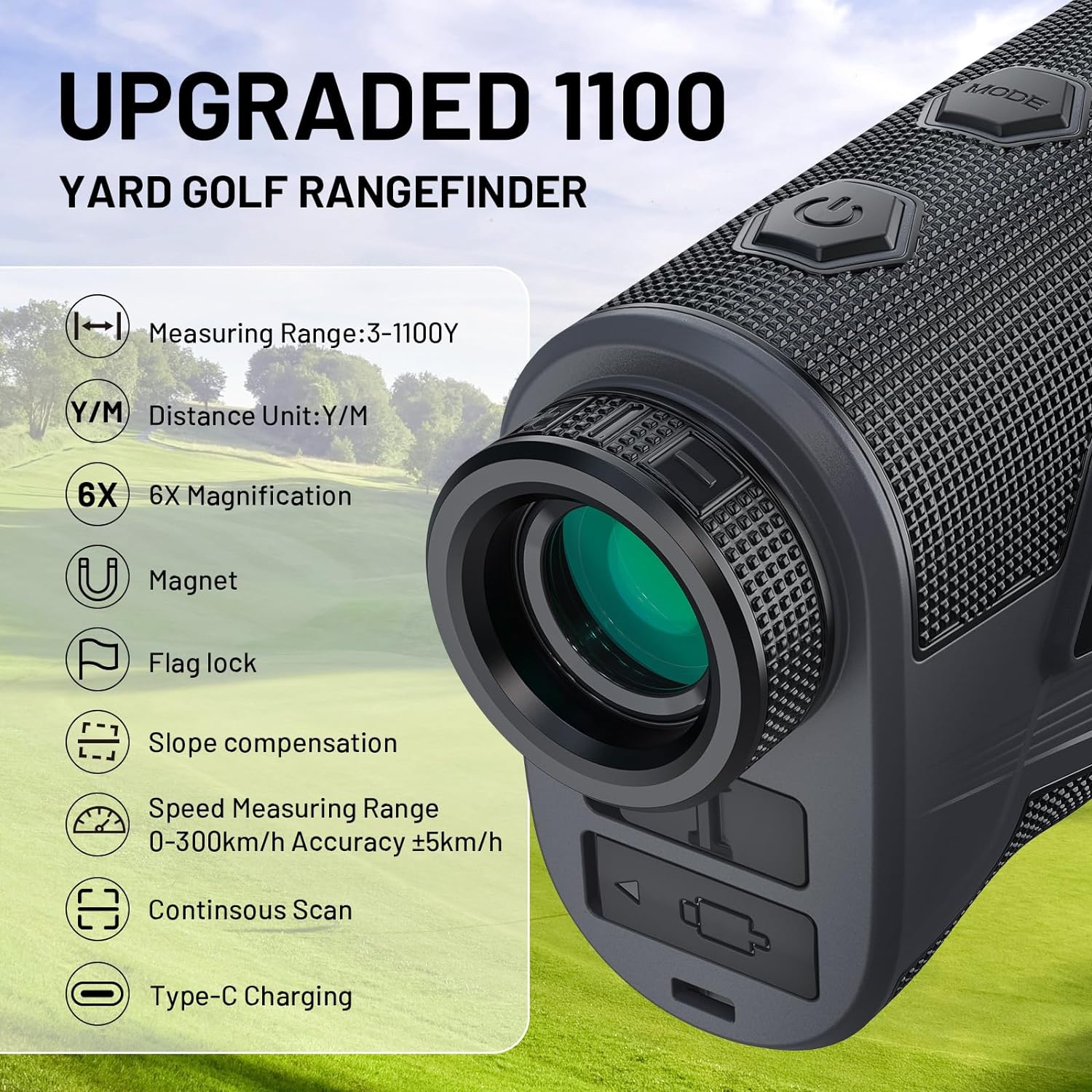 Golf & Hunting Rangefinder with Slope: 1100Yards Laser Range Finder, 6X Magnification, Rechargeable, Flagpole Lock Vibration, Magnetic Strip, Golf Accessories & Men's Golf Gift, Tournament Legal