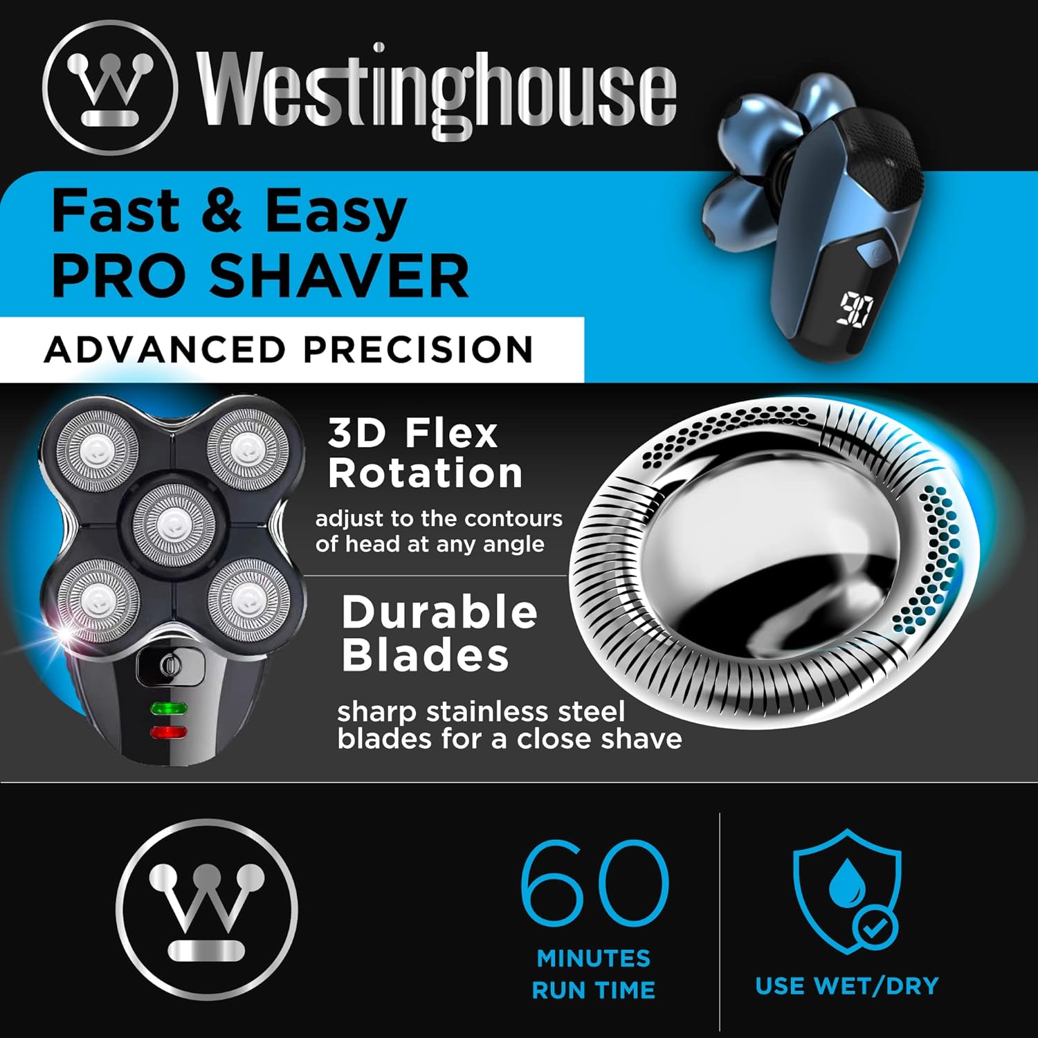 Westinghouse Head Shaver for Bald Men Electric Rechargeable Skull Shavers for Men Cordless Rotary Bald Head Shavers for Men with 5 Powerful Rotating Heads