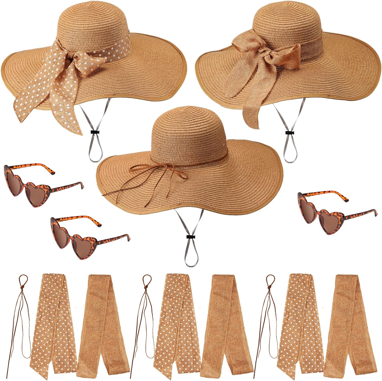 15 Pcs Beach Hat for Women Summer Wide Brim Sun Hat Straw Floppy UV Protection 50+ Hats Vintage Heart Glasses Set with Bows