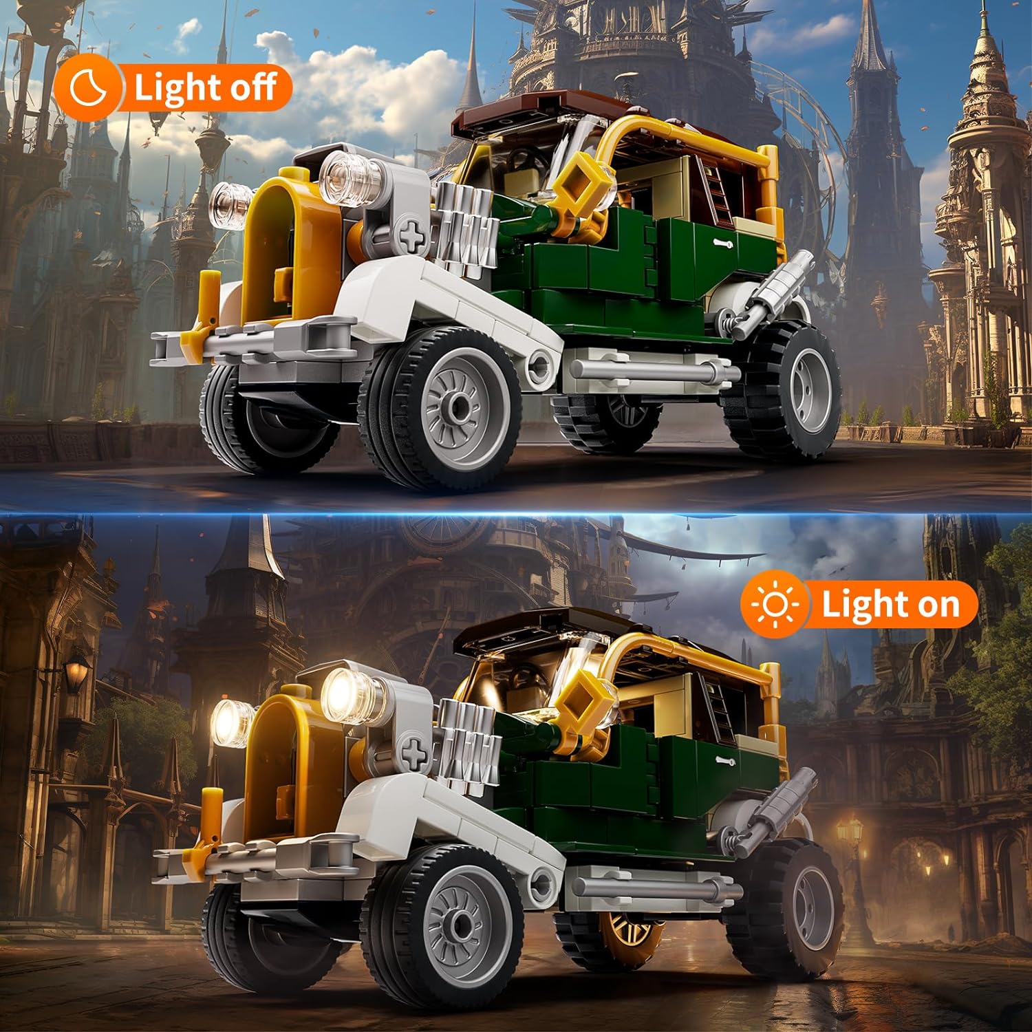 FUNWHOLE Vintage-Car Lighting Building-Bricks Set - Steampunk Vintage Vehicle LED Light Construction Building Model Set 282 Pcs for Adults and Teen