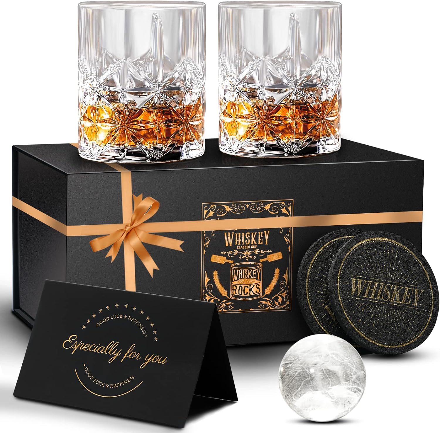 Whiskey Glasses Set of 2, 11 OZ Old Fashioned Glasses with 2 Ice Ball Molds, Bourbon Glasses, Premium Scotch Glasses, Rocks Glasses, Cocktail, Rum Glasses, Whiskey Glasses for Men