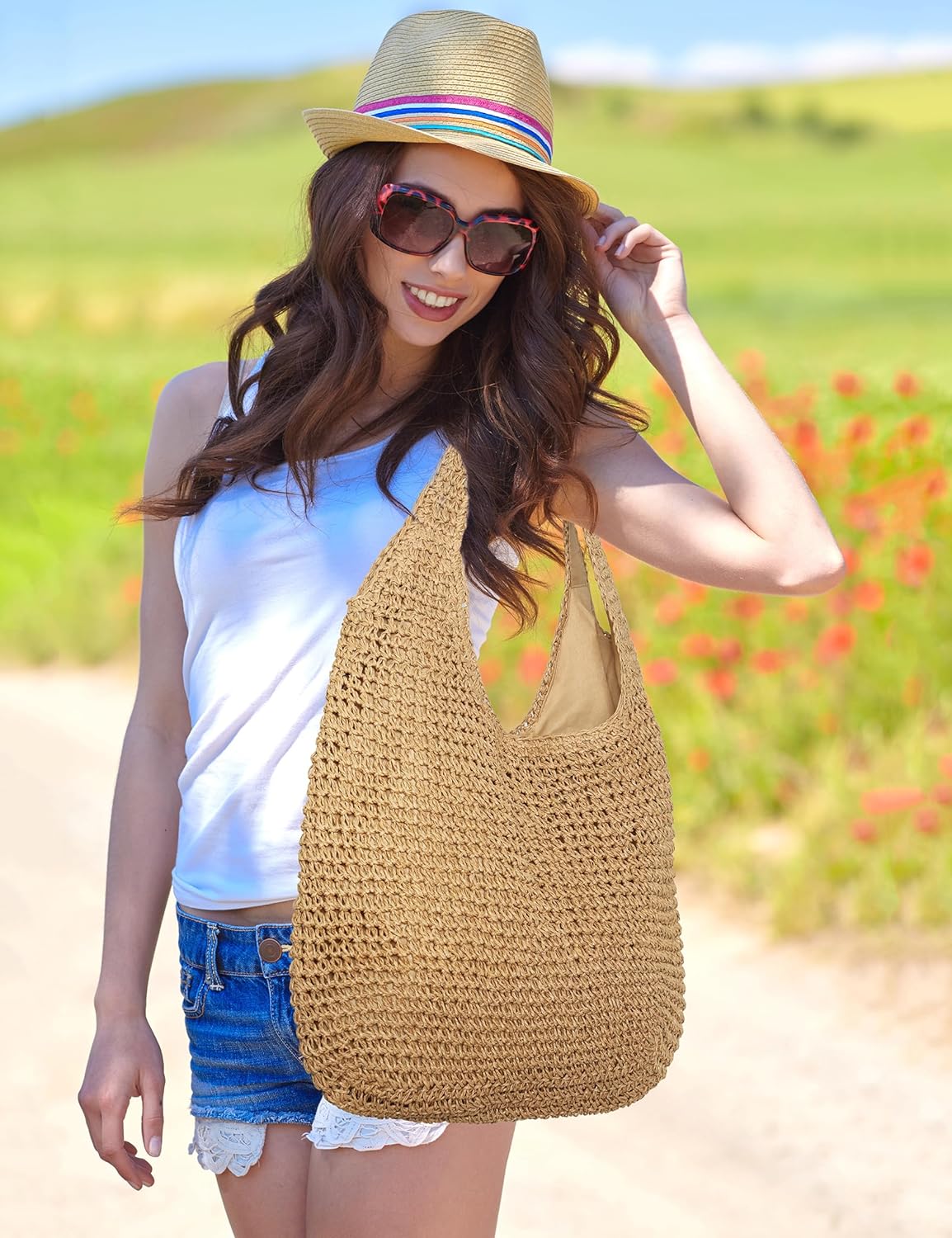 Straw Bag for Women Beach Woven Tote Bag Large Capacity Shoulder Bag for Summer Vacation