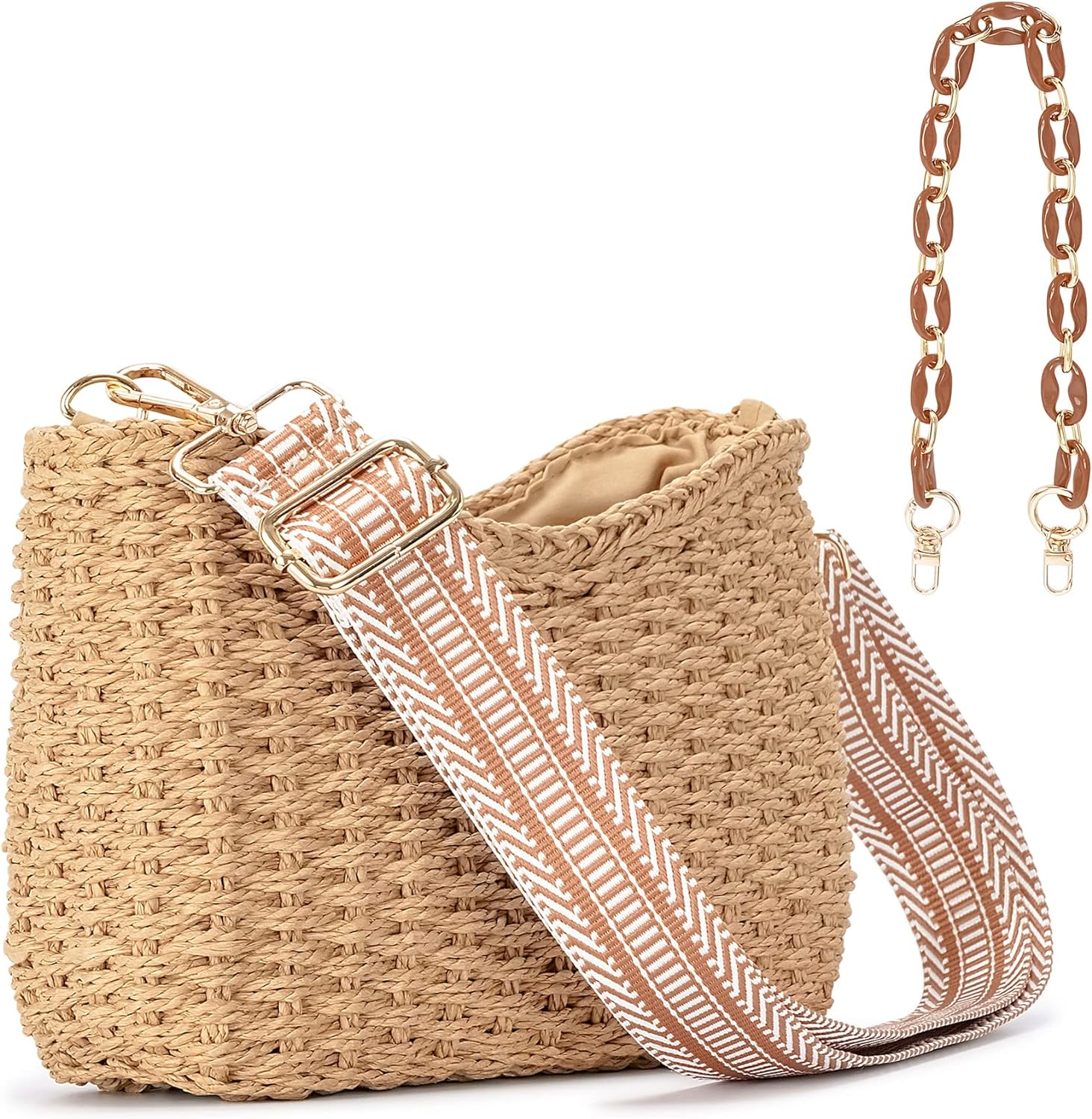 Herald Small Handmade Straw Pocketbook Crossbody Bag for Women, Summer Chic Woven Handbag Shoulder Purse with Chain