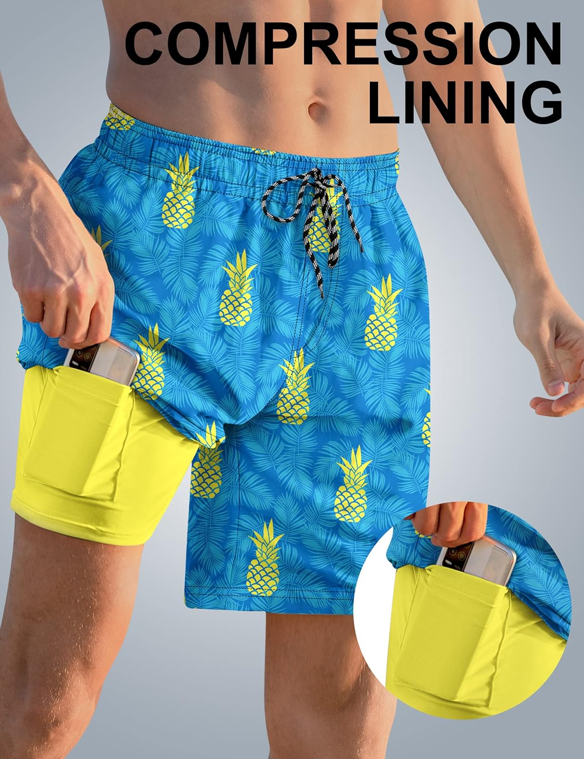 Cozople Mens Swimming Trunks with Compression Liner Swim Shorts 7 inch Quick Dry Bathing Suit Anti Chafe Boardshorts