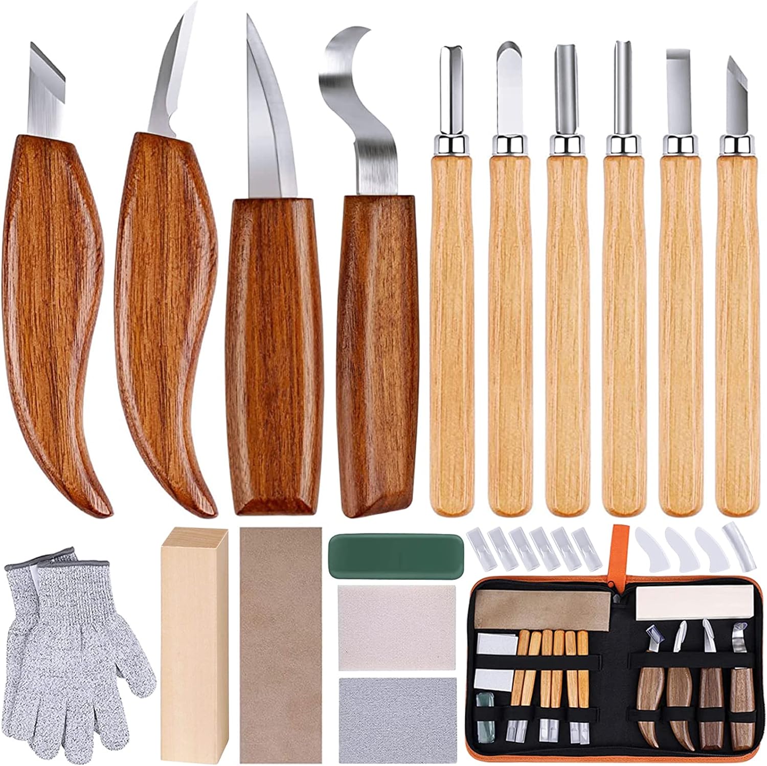 26-in-1 Wood Carving Kit with Detail Wood Carving Knife, Whittling Knife, Wood Chisel Knife, Gloves, Carving Knife Sharpener for Spoon, Bowl, Kuksa Cup (Carving Knife Kits)