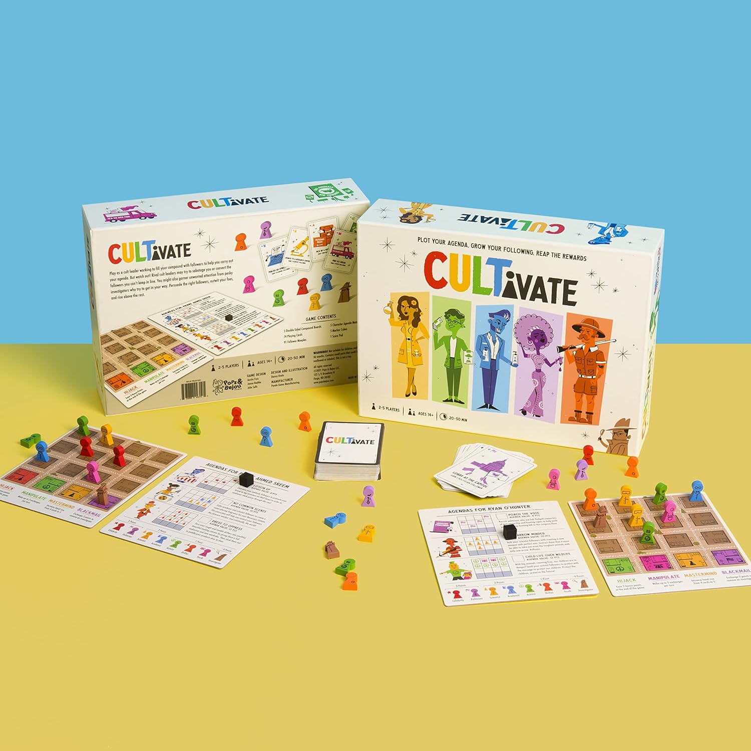 Cultivate Board Game | Award-Winning | Satirical Cult Leaders | Casual Board Game | Take-That | Ages 14+ | for 2-5 Players | 20-50 Min Playtime | Made by Pops & Bejou Games