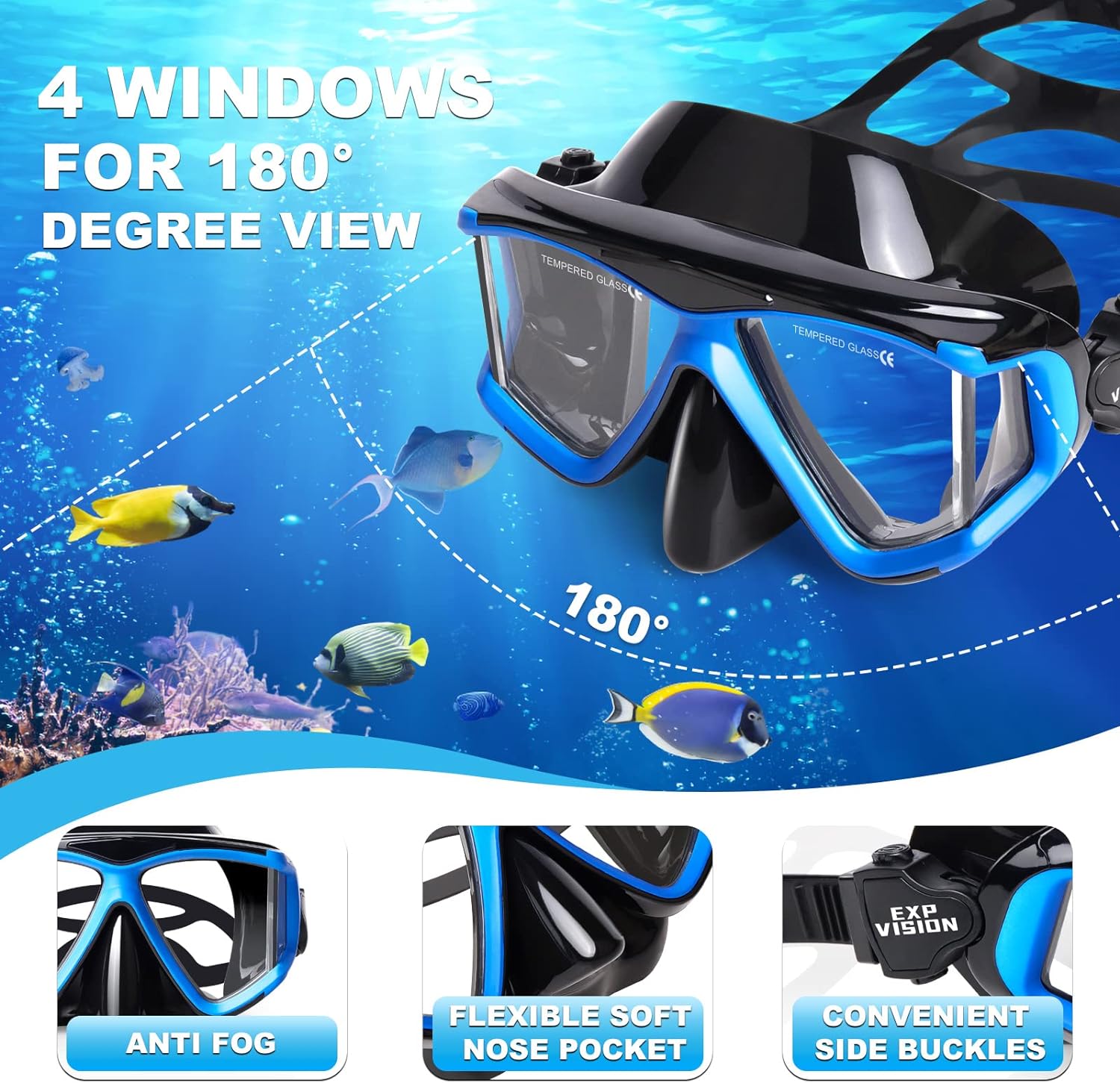 Snorkel Set Pano 4 Adult Snorkeling Gear, Professional Anti-Fog Snorkel Mask Dry Top Snorkel, Tempered Glass Scuba Diving Mask for Freediving, Snorkeling and Swimming