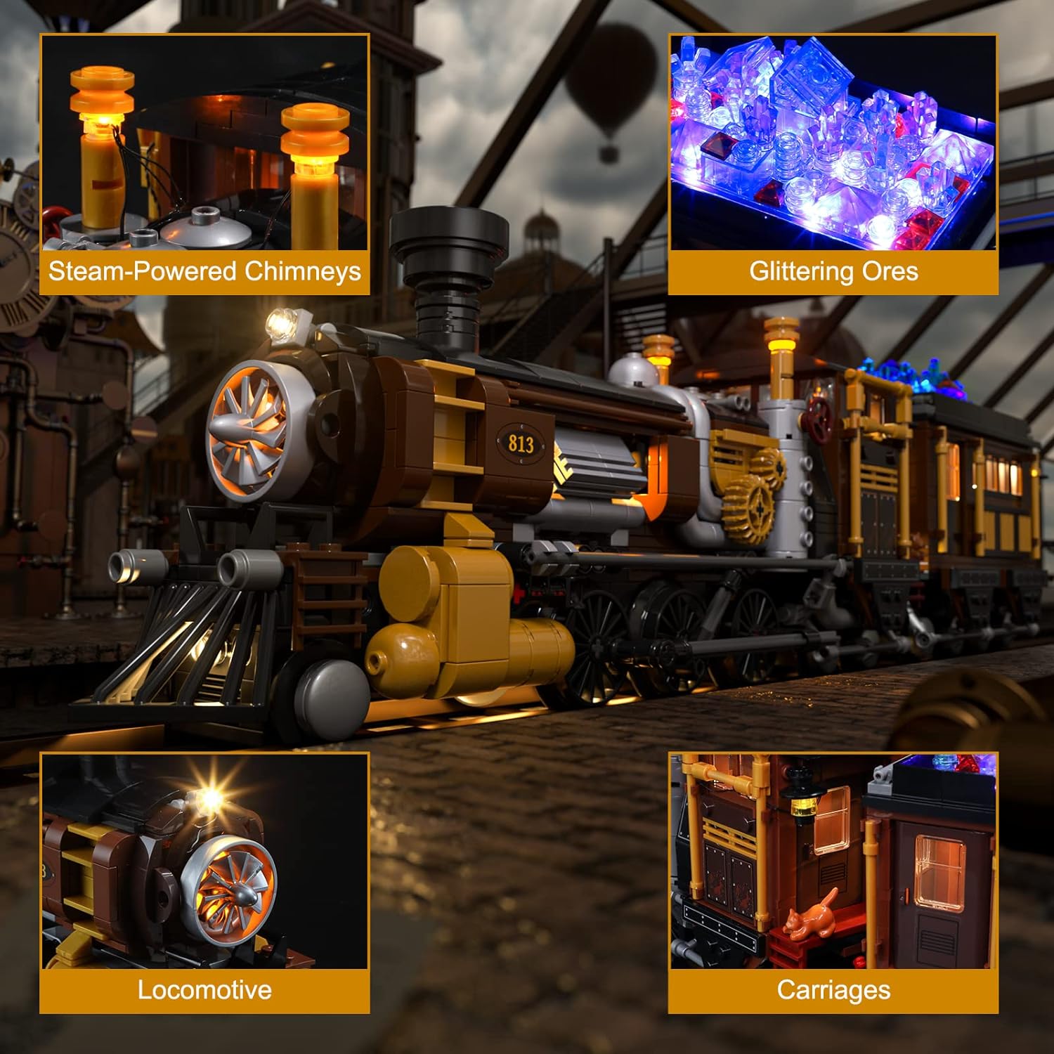 FUNWHOLE Train Lighting Building Bricks Set - Steampunk Ore Train LED Light Building Set 1056 Pieces for Adults and Teens