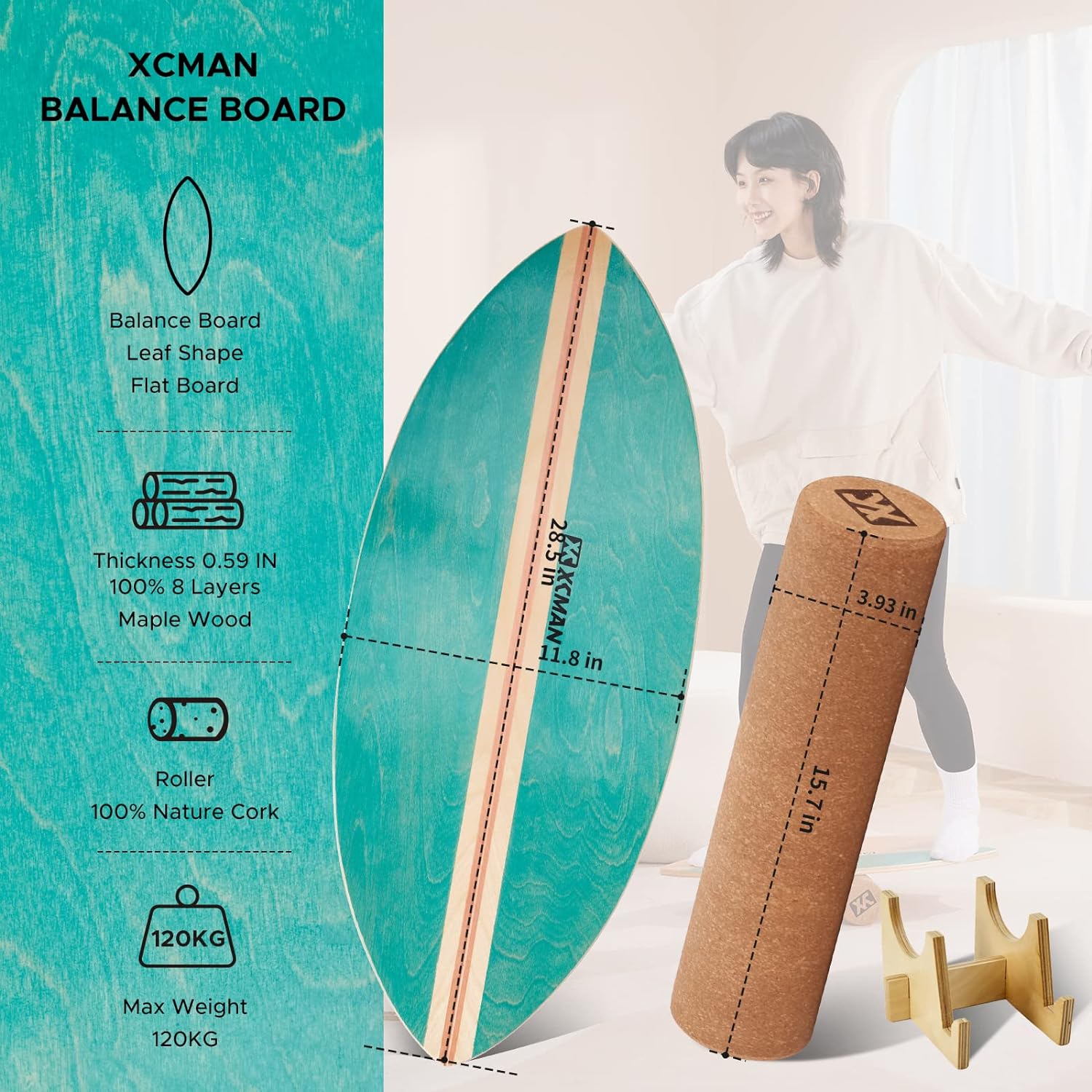 XCMAN Surf Balance Board Trainer with Roller Wooden Exercise Balancing Stability Trainer - Non Slip Surface for Adults Kids|Balance Board for Surfing,Snowboarding,Skateboarding,Hockey,Yoga Training